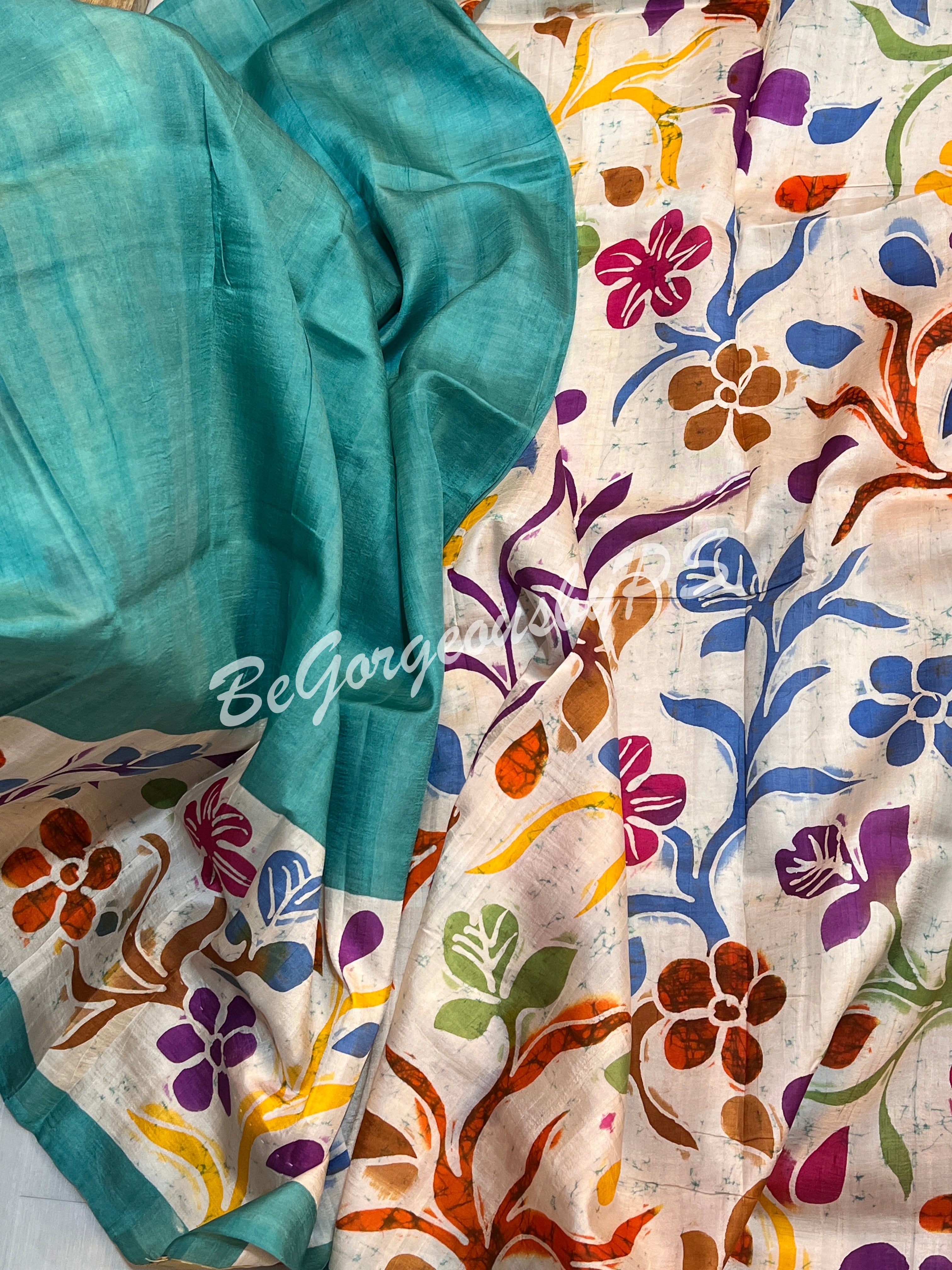 MURSHIDABAD BATIK PRINTED SEA GEEN FLOWERS SAREE