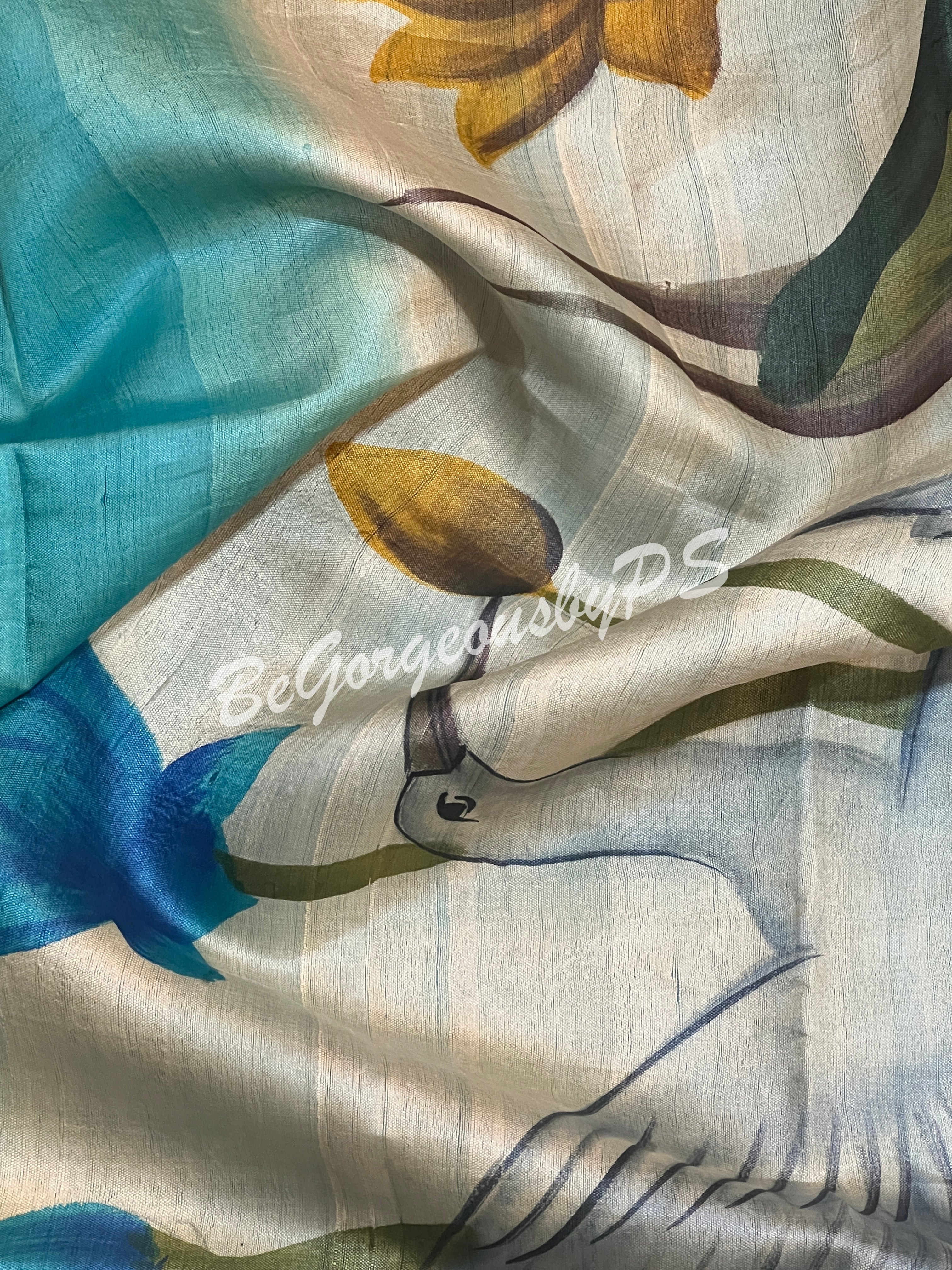 TUSSAR HAND PAINTED BU/BLUE SWANS SAREE