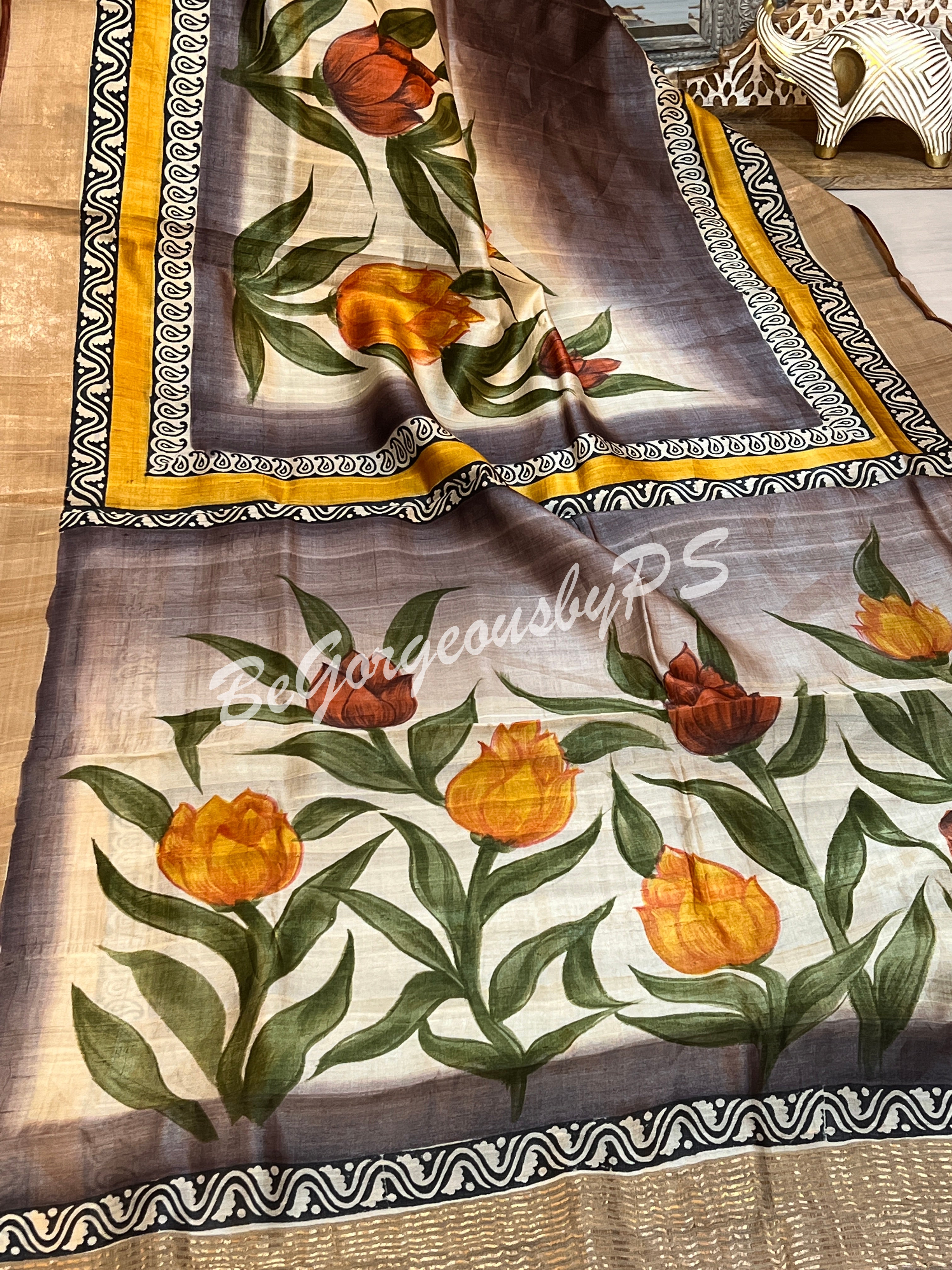 TUSSAR HAND PAINTED BROWN TULIPS SAREE