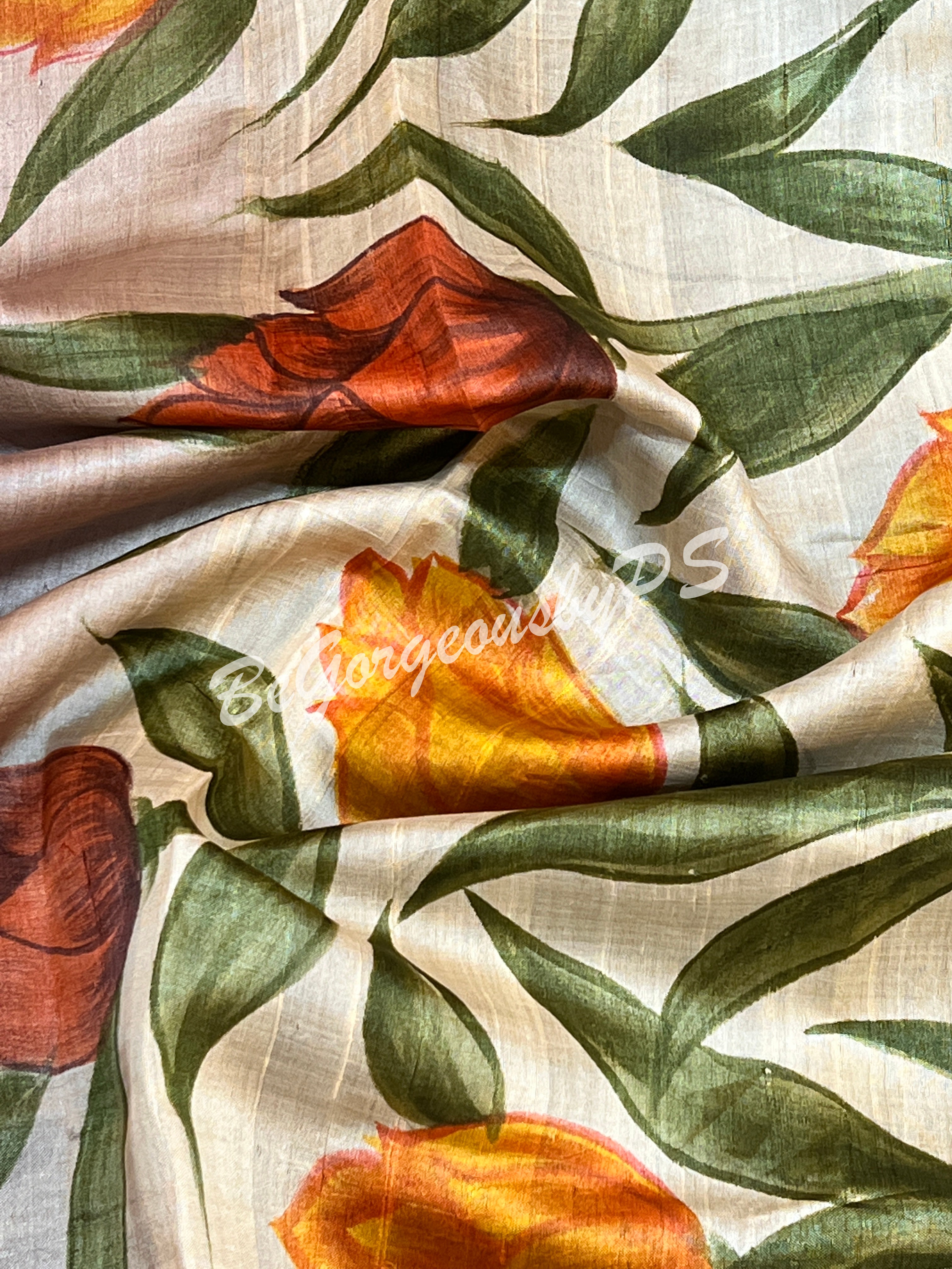 TUSSAR HAND PAINTED BROWN TULIPS SAREE