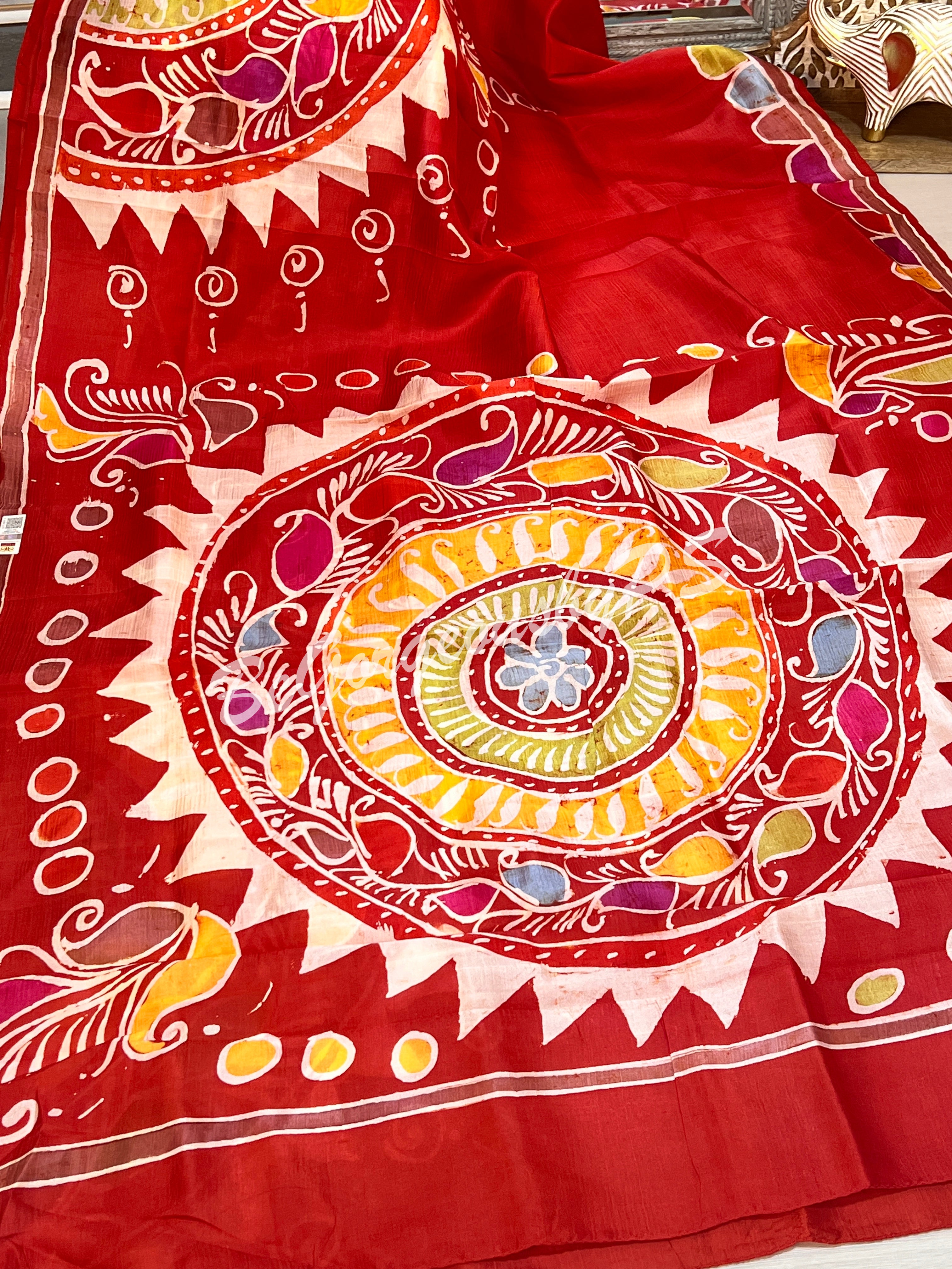 MURSHIDABAD BATIK PRINTED RED SUN SAREE