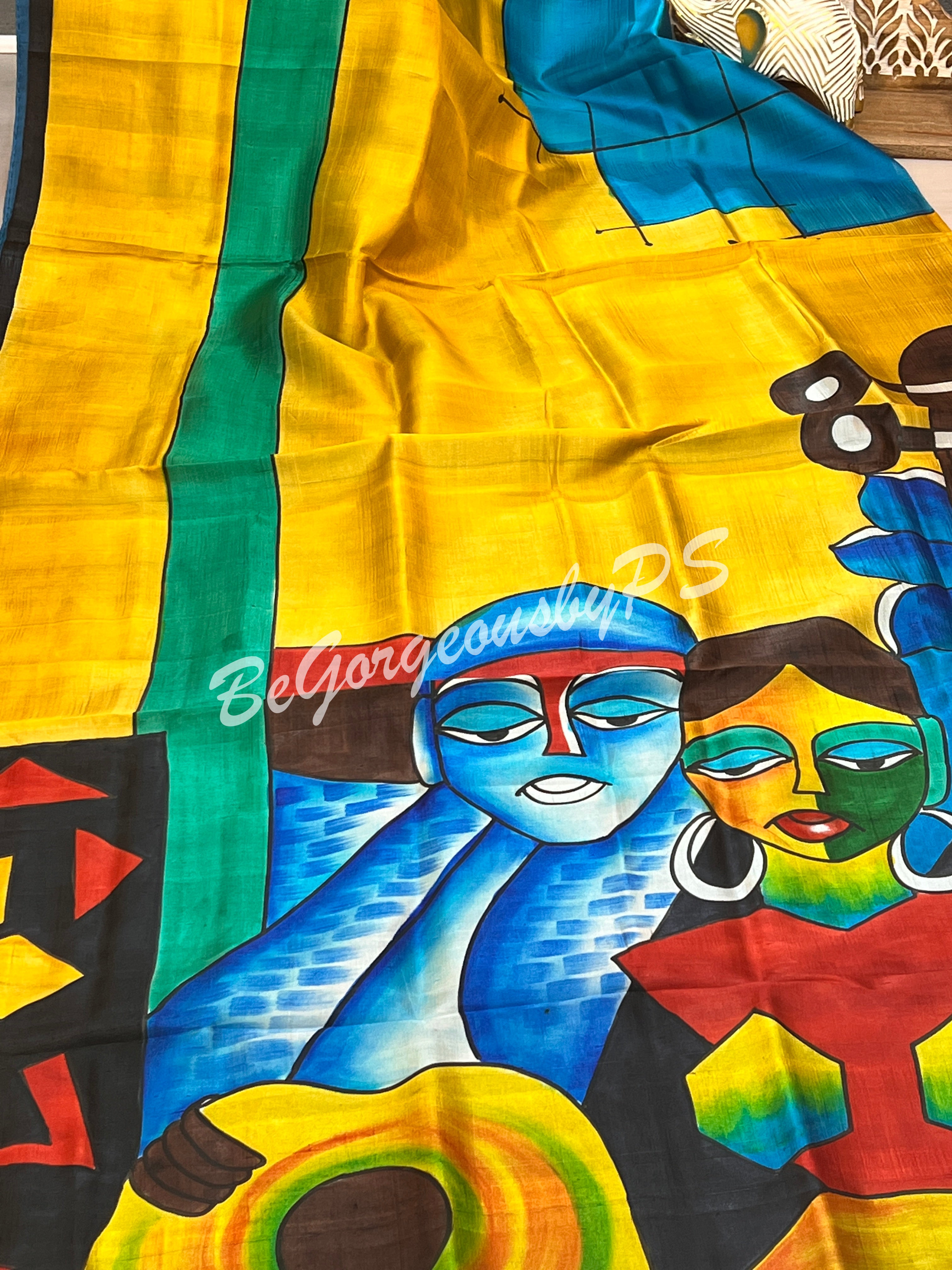 MURSHIDABAD HAND PAINTED YELLOW BLUE SAREE