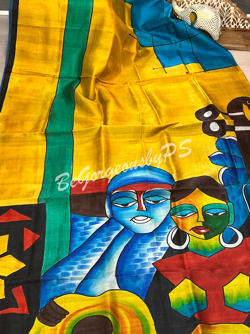 MURSHIDABAD HAND PAINTED YELLOW BLUE SAREE