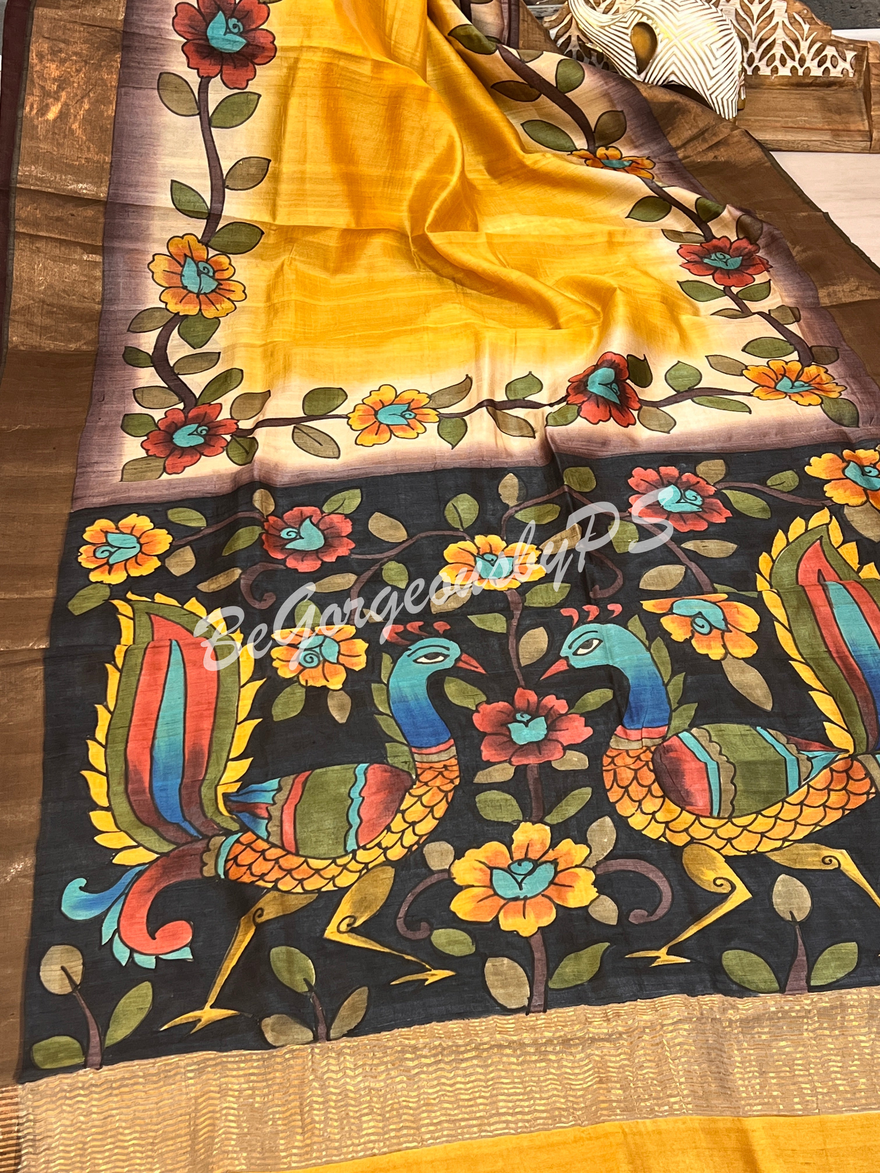 TUSSAR HAND PAINTED YELLOW PEACOCK SAREE