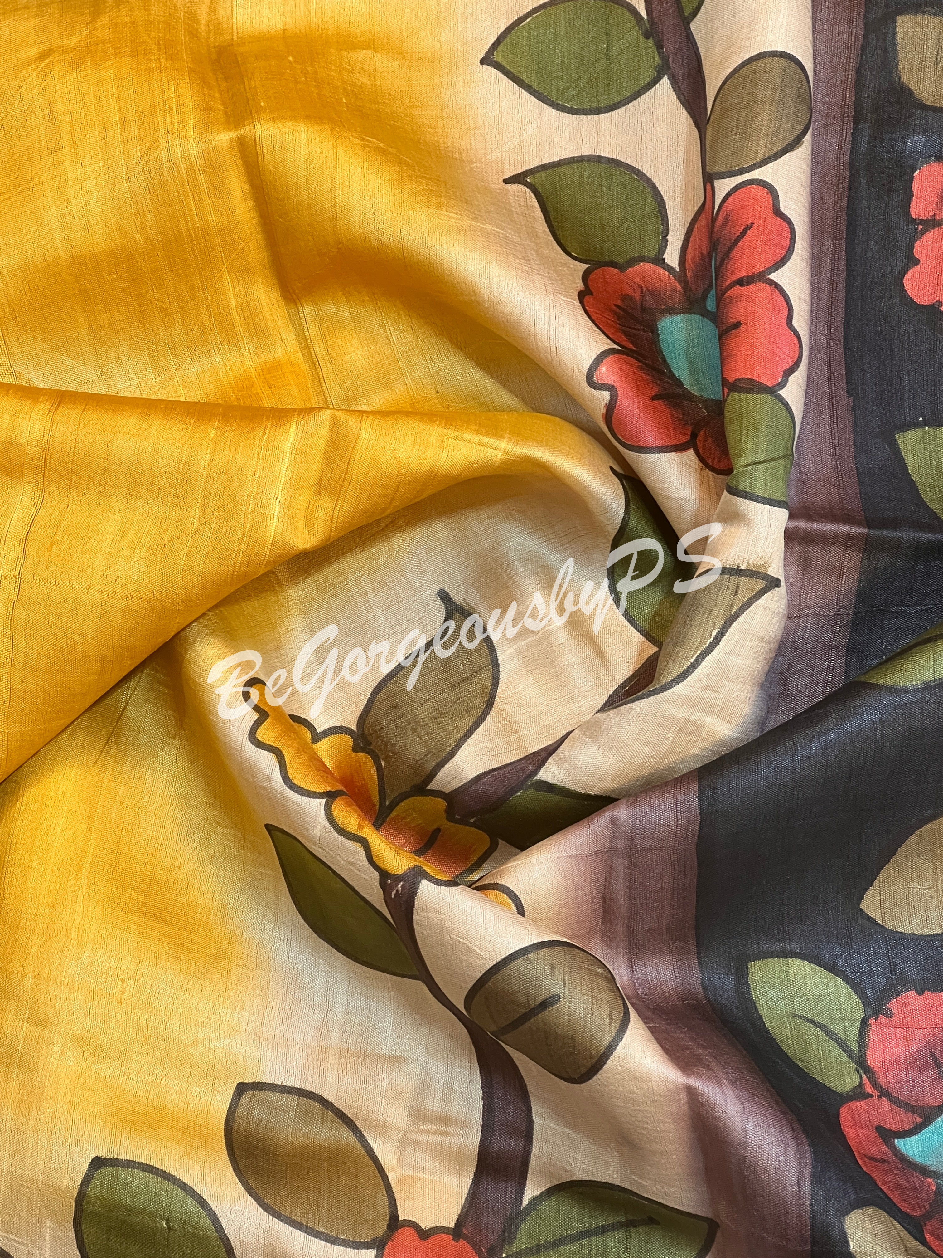 TUSSAR HAND PAINTED YELLOW PEACOCK SAREE