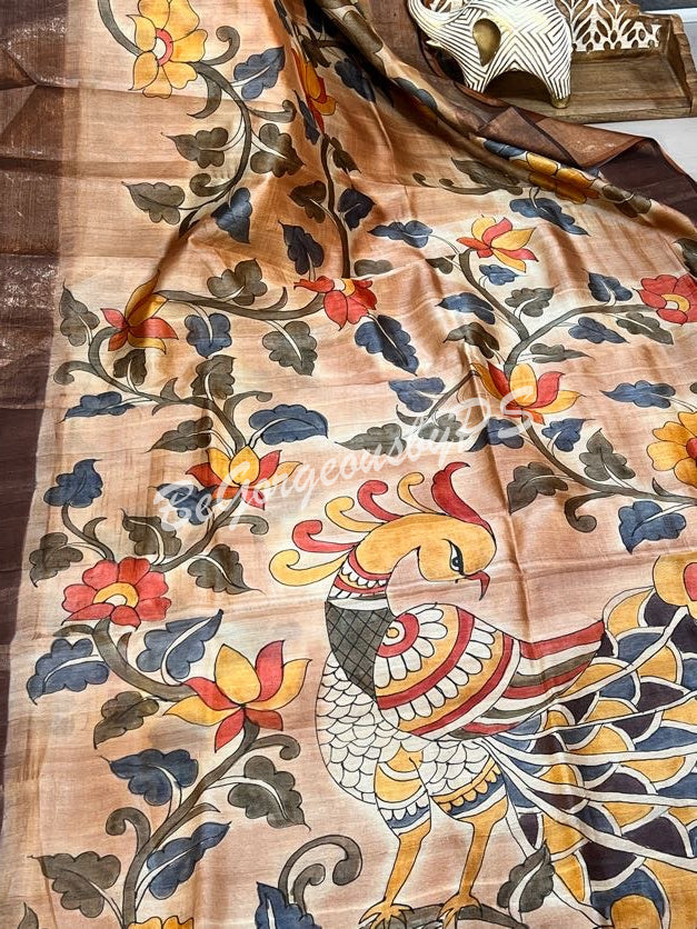 TUSSAR HAND PAINTED LIGHT BROWN PEACOCK SAREE