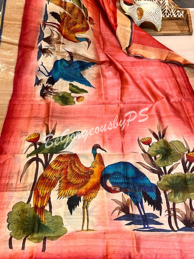 TUSSAR HAND PAINTED RUST SAREE