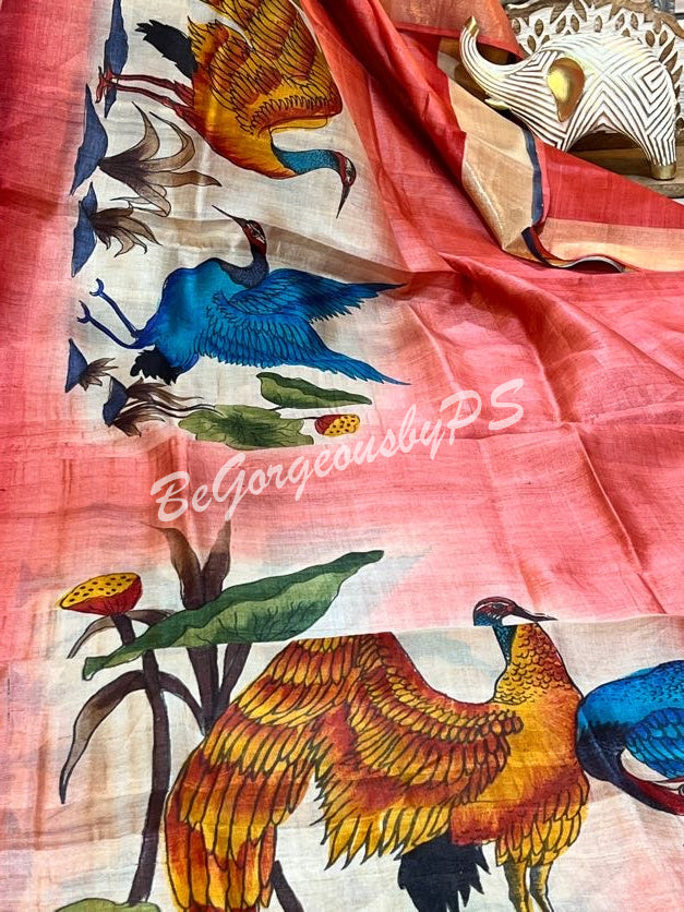 TUSSAR HAND PAINTED RUST SAREE