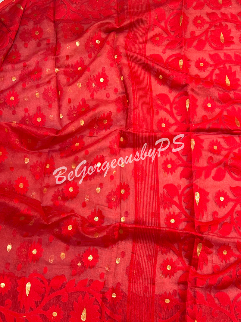 JAMDANI MUSLIN RED SAREE