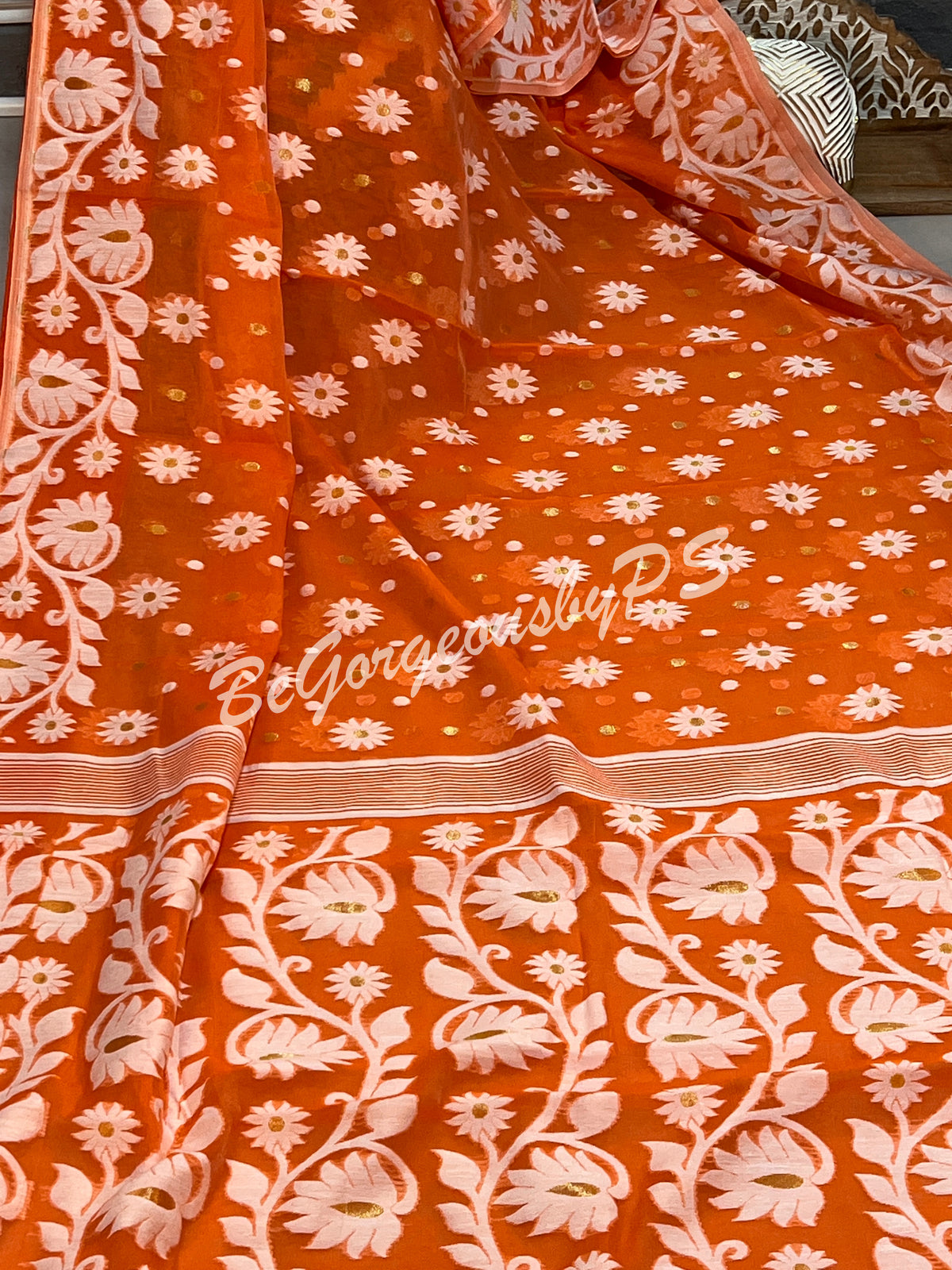 JAMDANI MUSLIN orangish PEACH SAREE