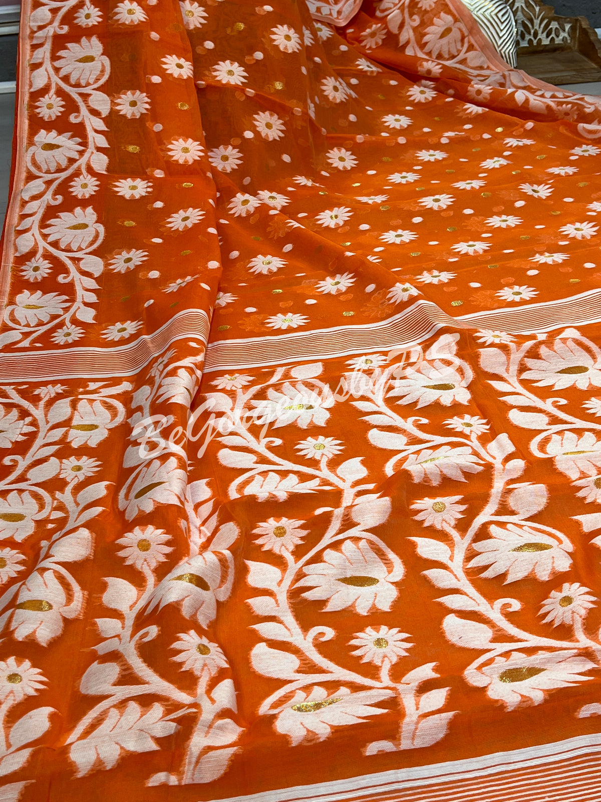 JAMDANI MUSLIN orangish PEACH SAREE