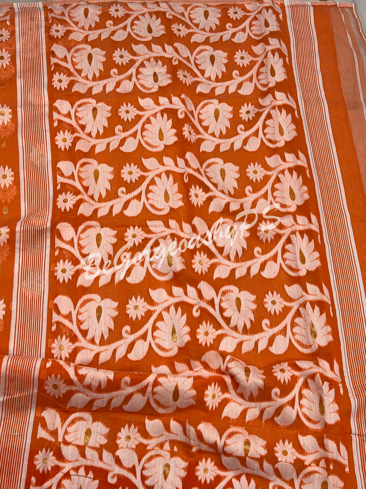 JAMDANI MUSLIN orangish PEACH SAREE