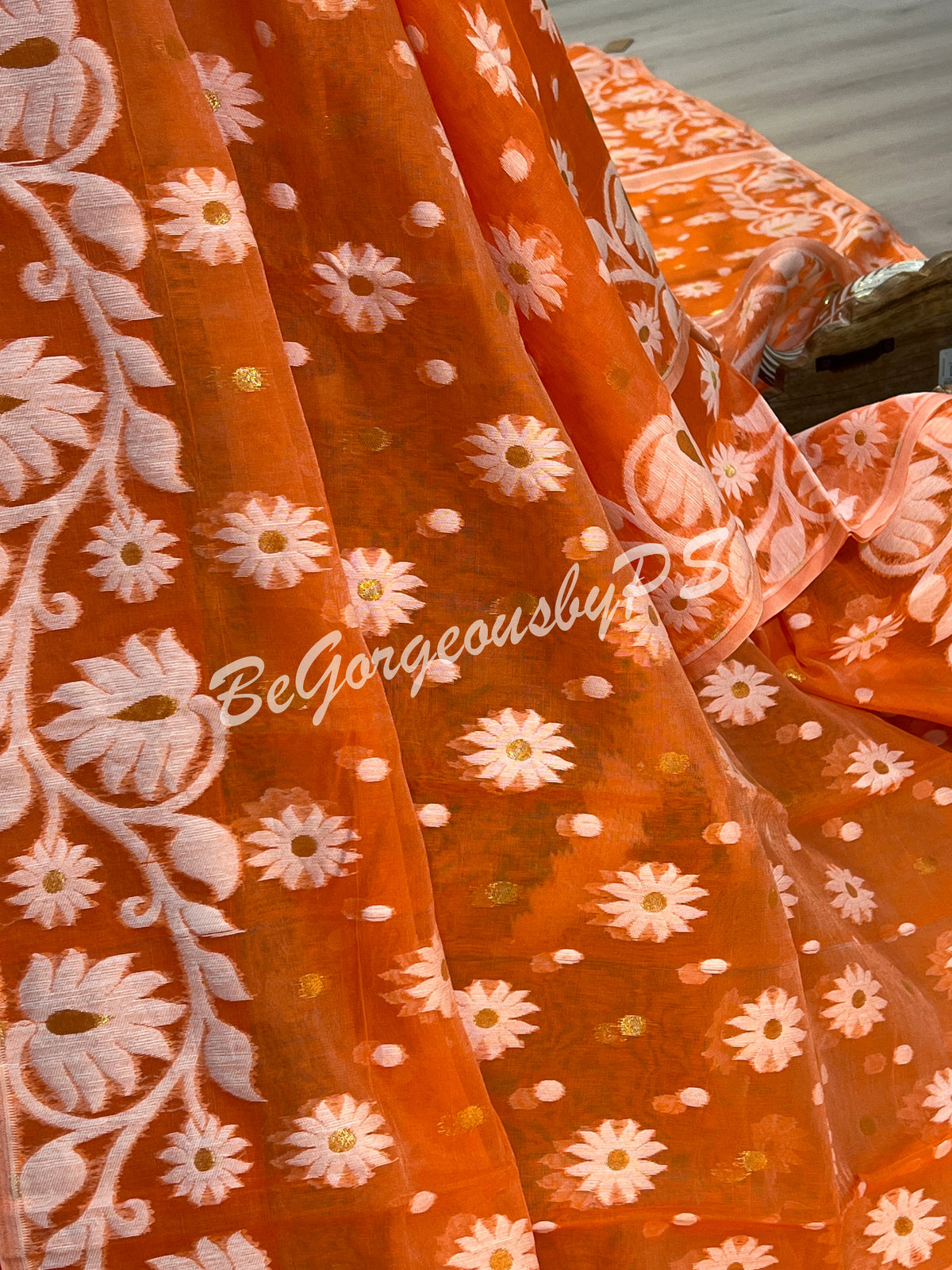 JAMDANI MUSLIN orangish PEACH SAREE