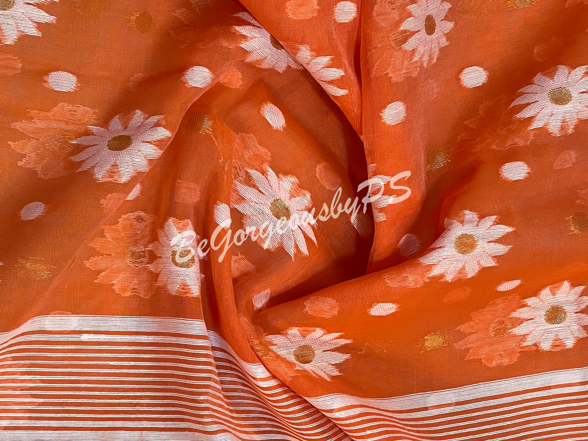 JAMDANI MUSLIN orangish PEACH SAREE