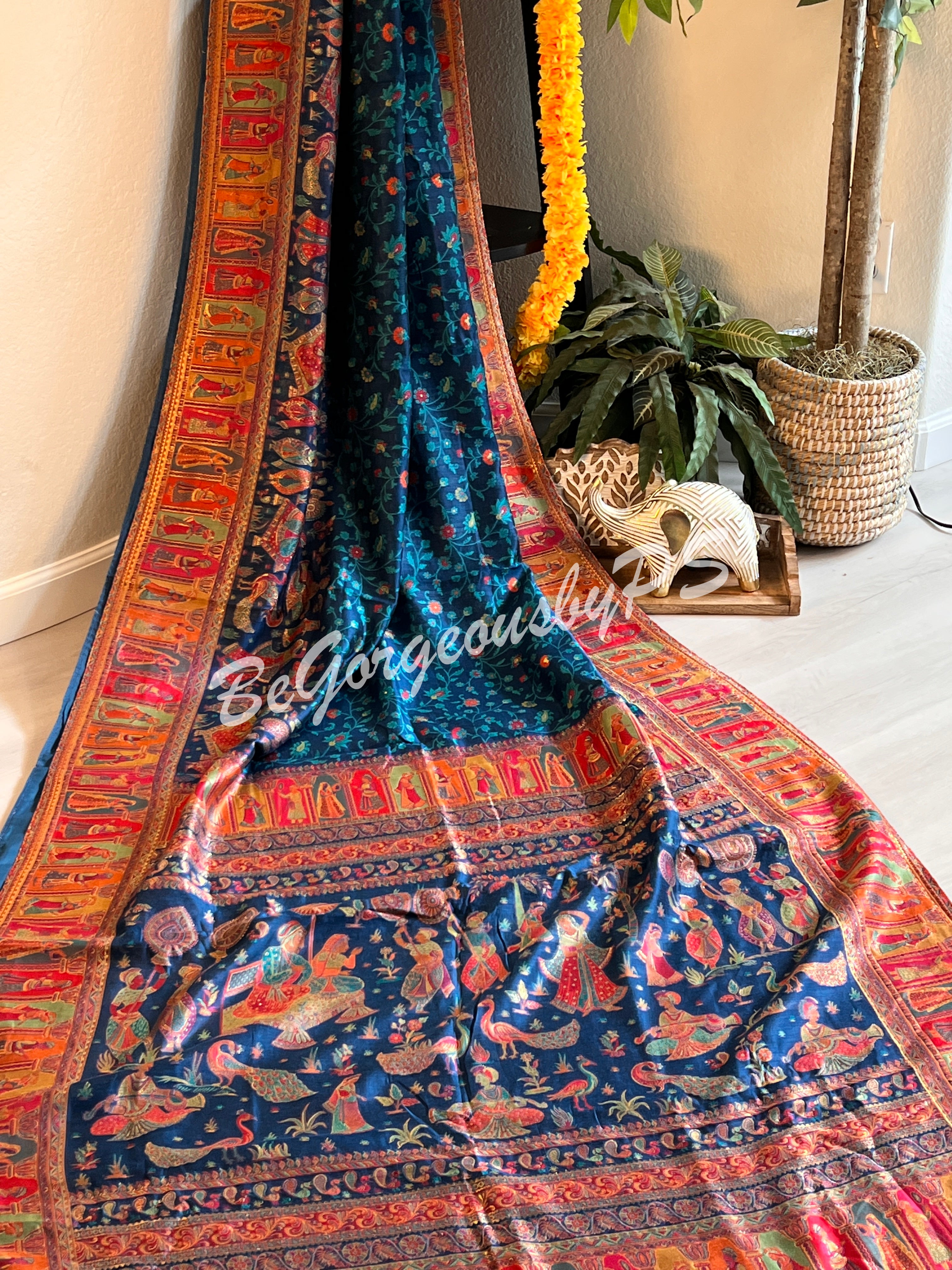 Pashmina Silk Kani Kashmiri Saree Blue Raja Rani