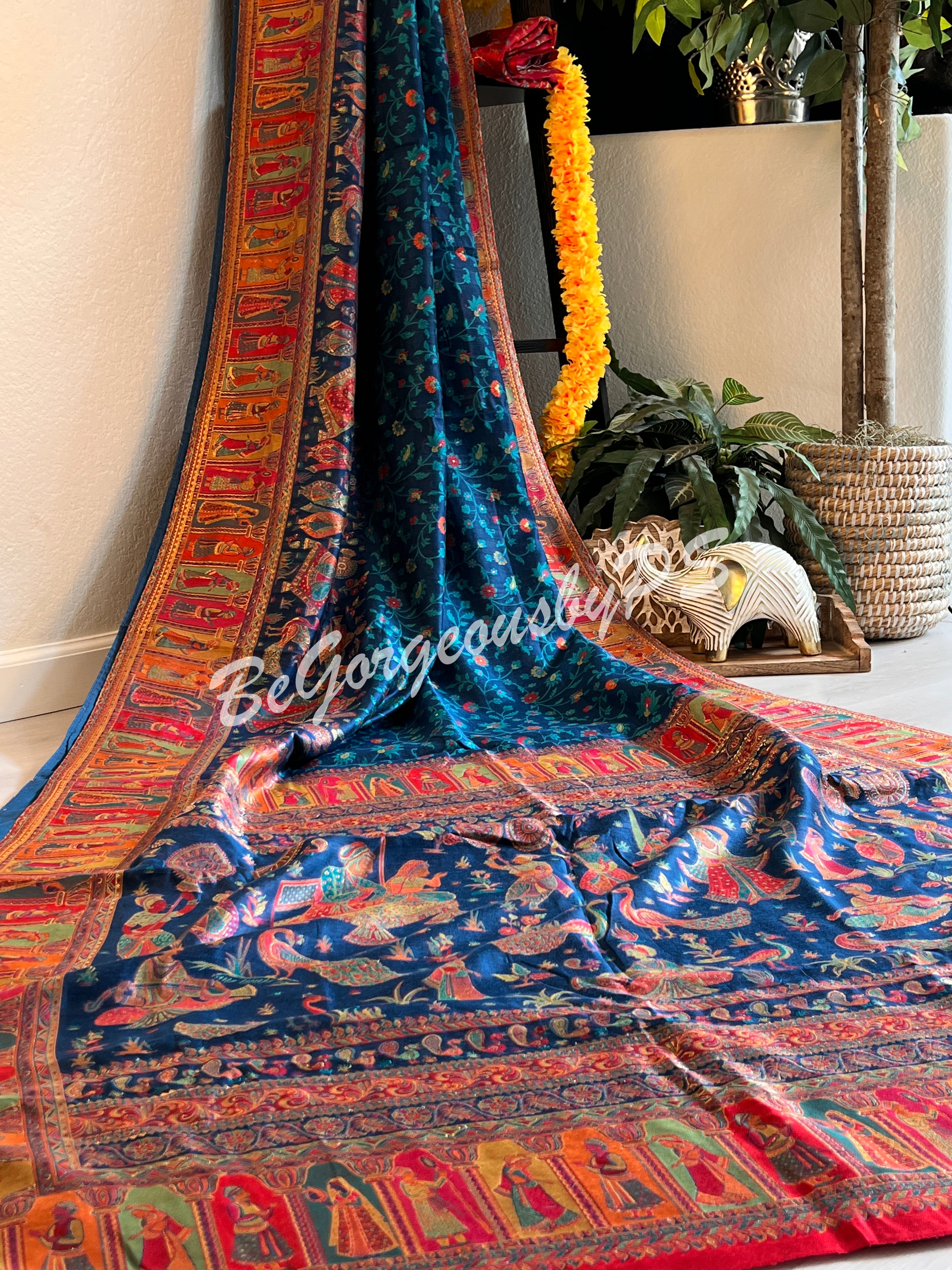 Pashmina Silk Kani Kashmiri Saree Blue Raja Rani