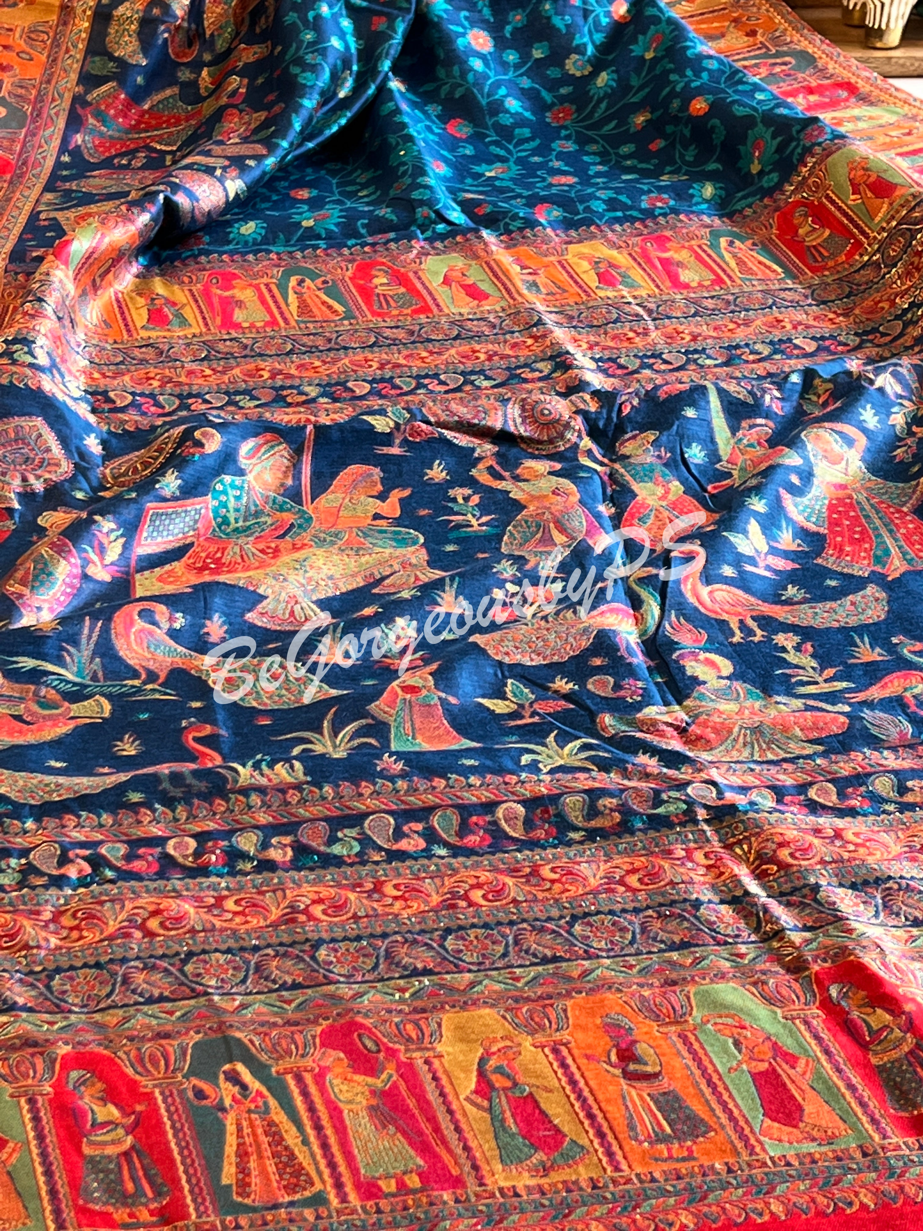 Pashmina Silk Kani Kashmiri Saree Blue Raja Rani