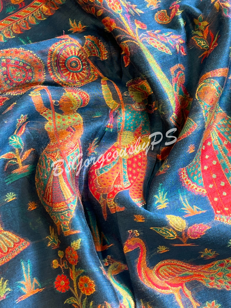 Pashmina Silk Kani Kashmiri Saree Blue Raja Rani