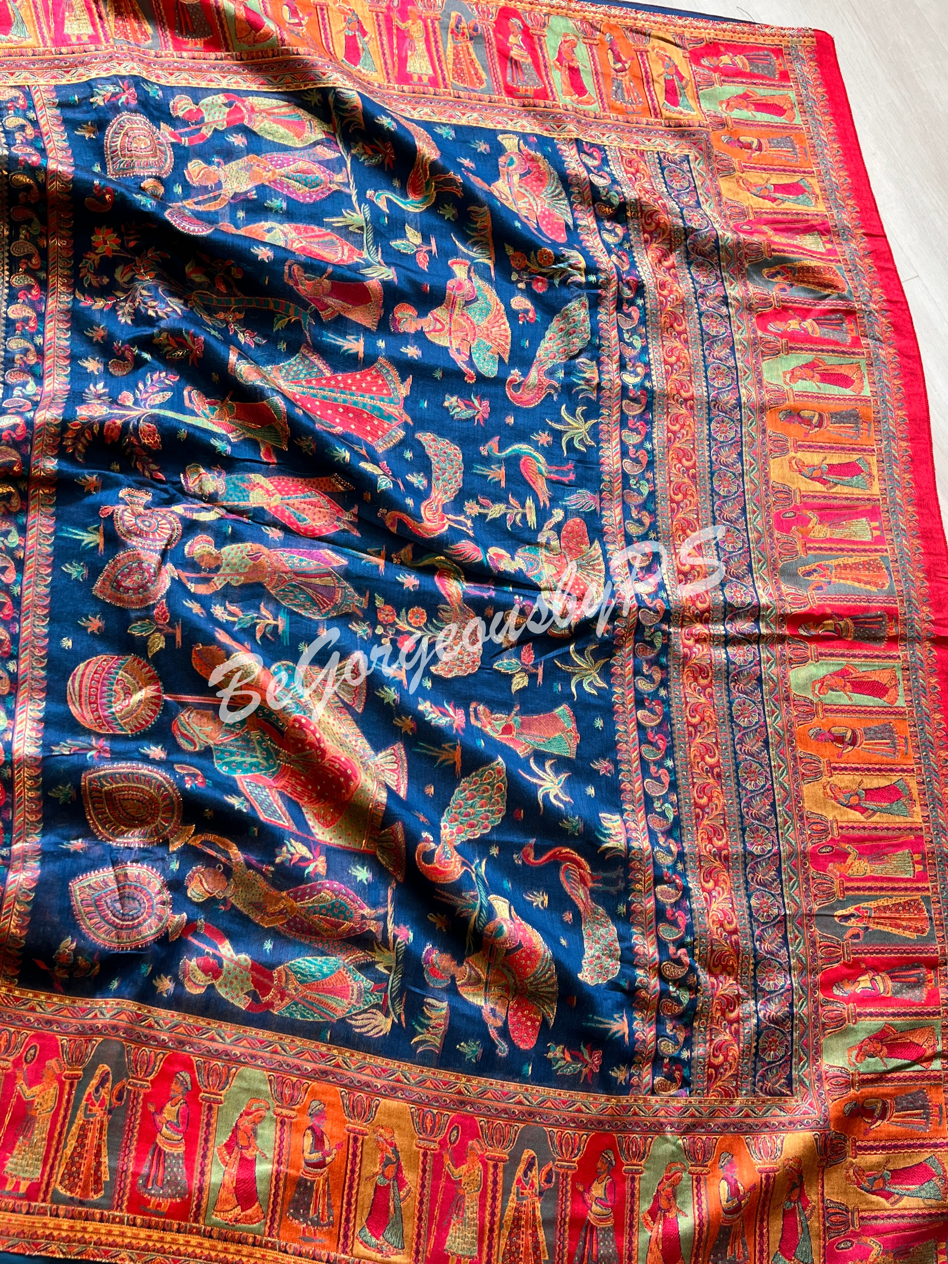 Pashmina Silk Kani Kashmiri Saree Blue Raja Rani