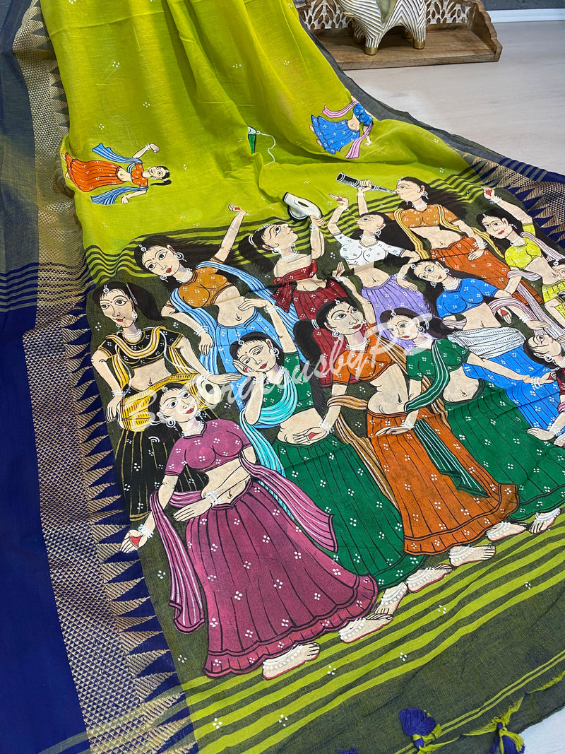 Pattachitra dancing ladies on cotton silk