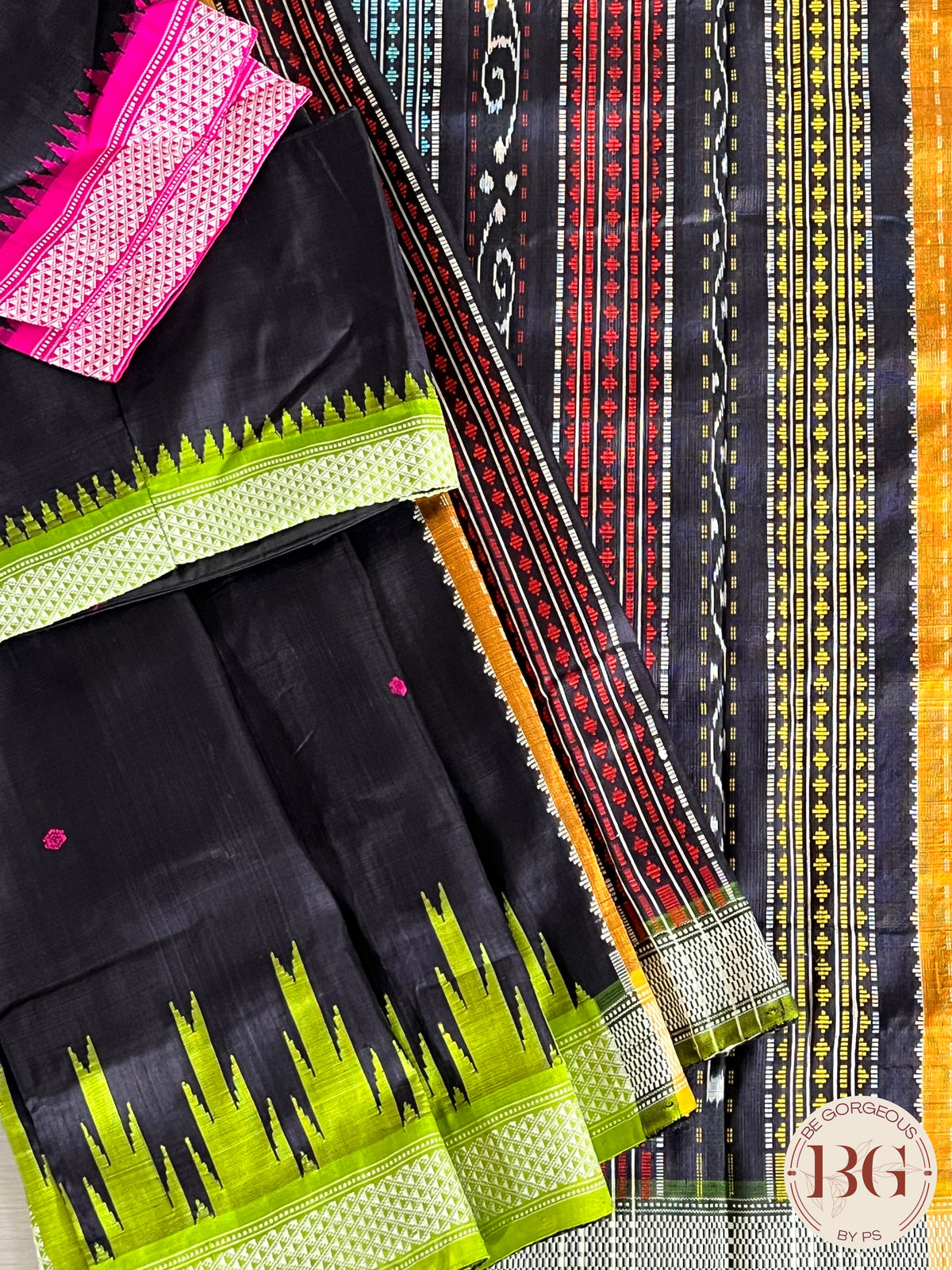 Behrampuri double pallu silk saree multicolor aanchal saree color - black