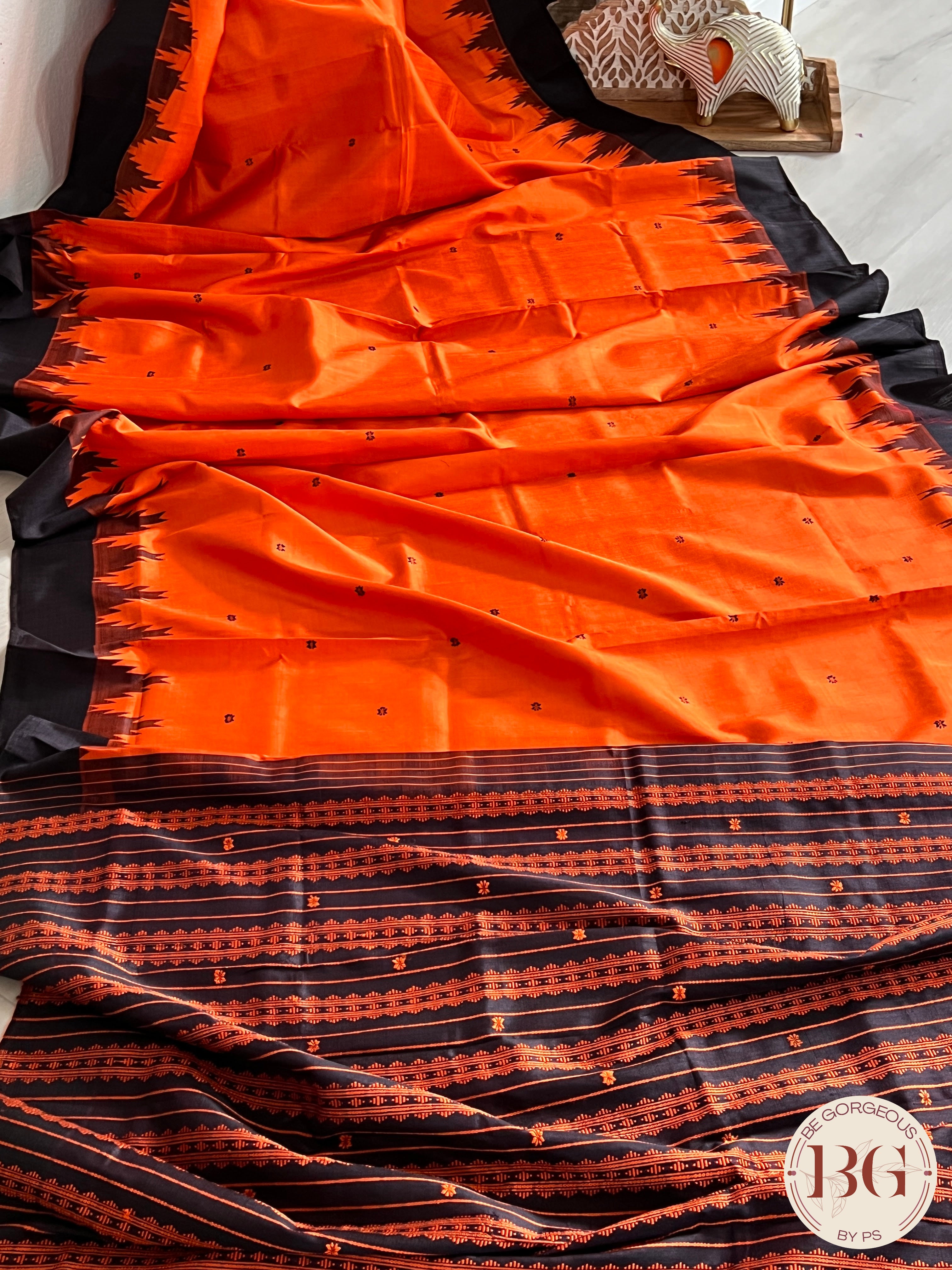 Banarasee Organza Mix Saree With Stripes Design & Broad Border-Orange