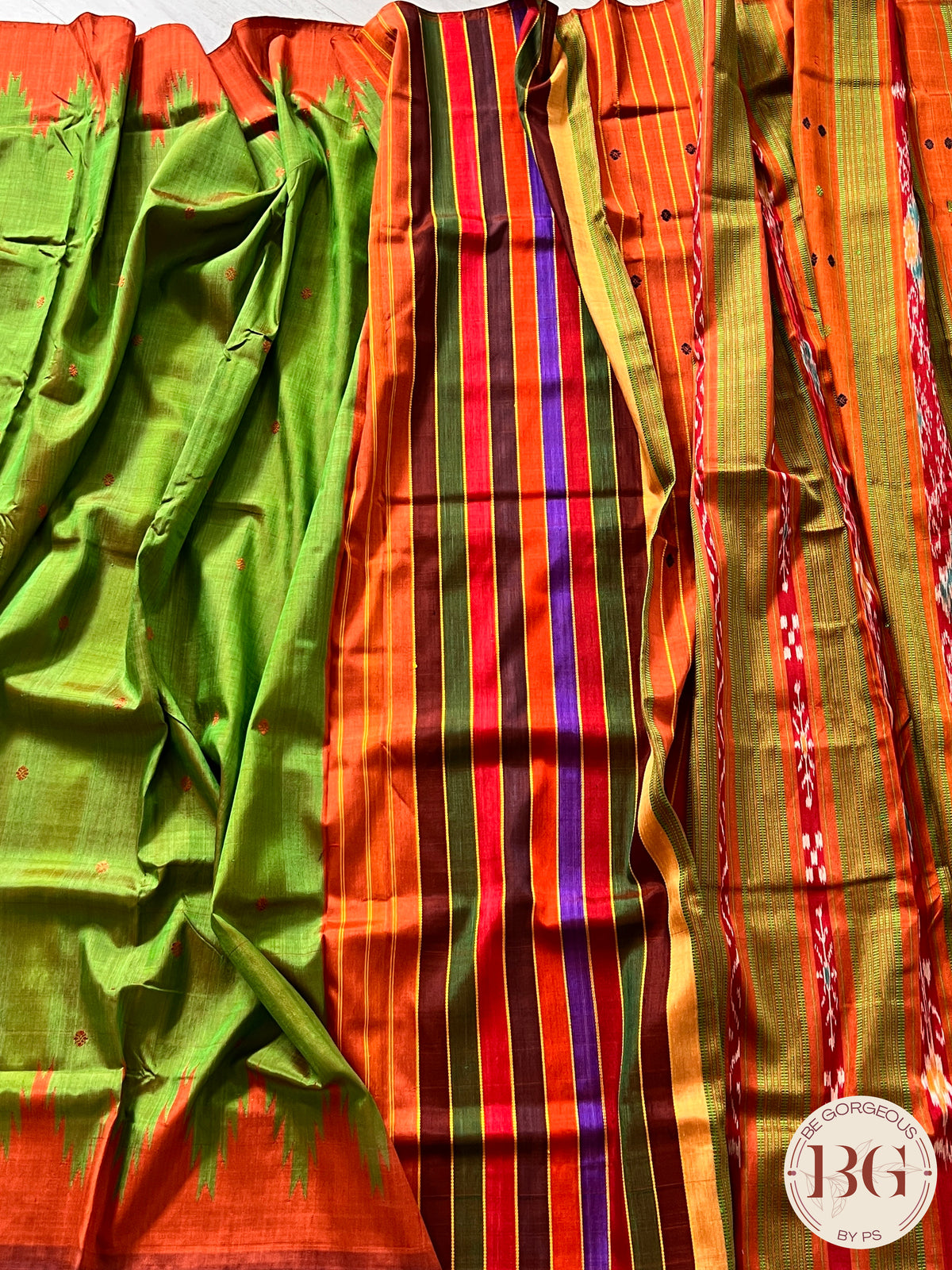 Berhampuri double pallu silk saree multicolor aanchal saree color - green