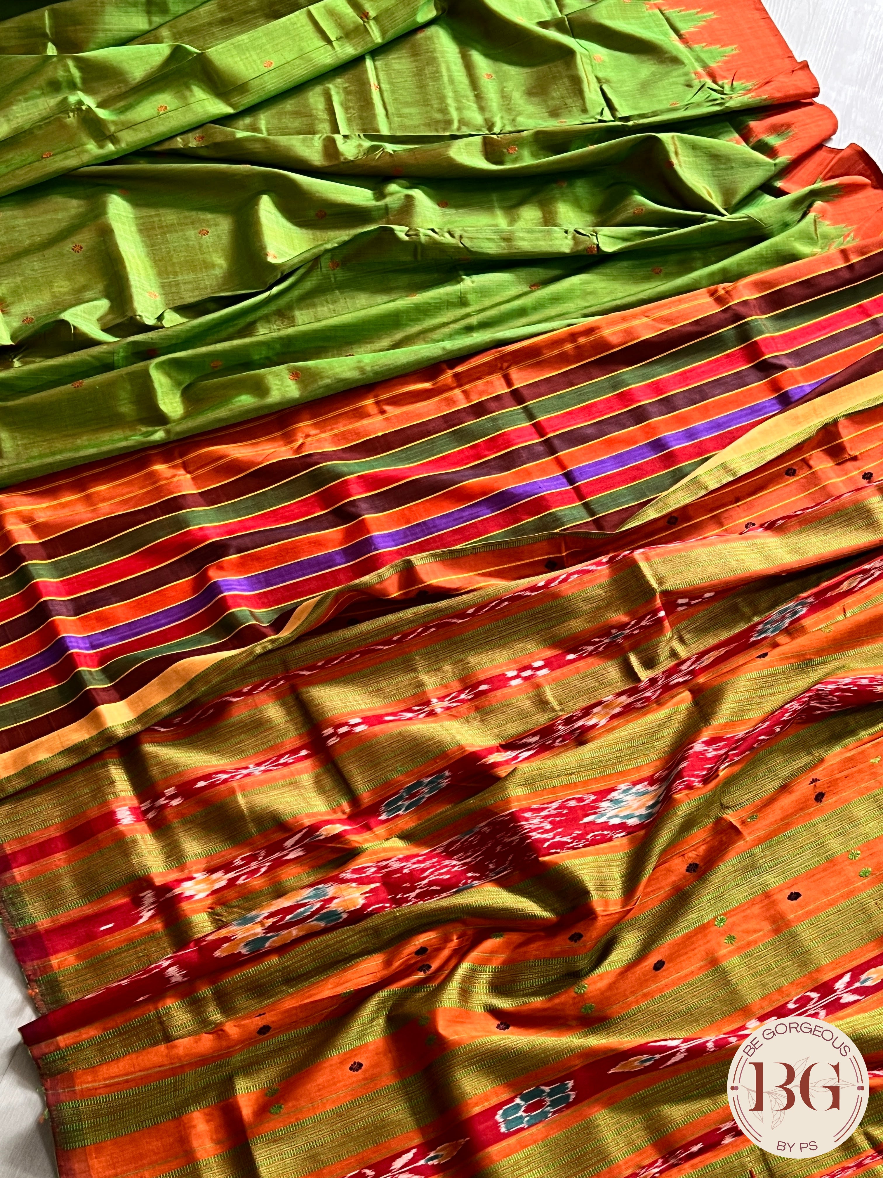 Berhampuri double pallu silk saree multicolor aanchal saree color - green