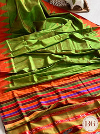 Berhampuri double pallu silk saree multicolor aanchal saree color - green