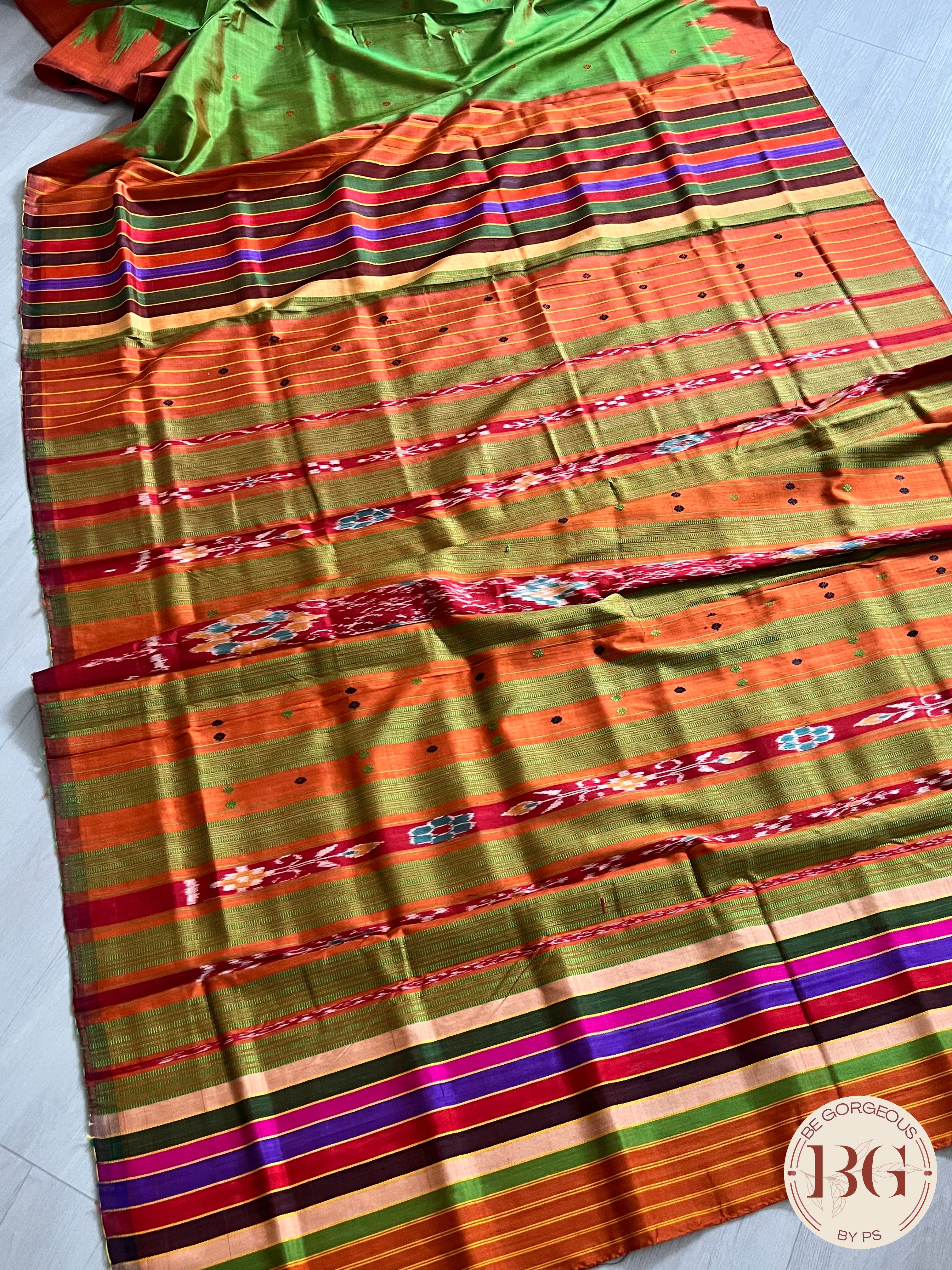 Berhampuri double pallu silk saree multicolor aanchal saree color - green