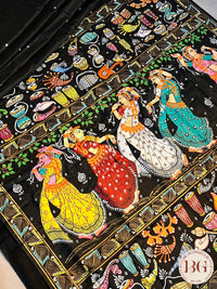 Dance theme pattachitra painting on pure silk saree color - black