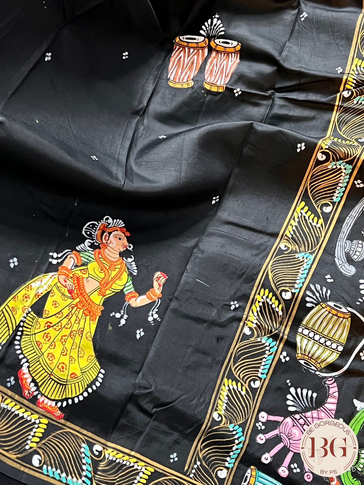 Dance theme pattachitra painting on pure silk saree color - black