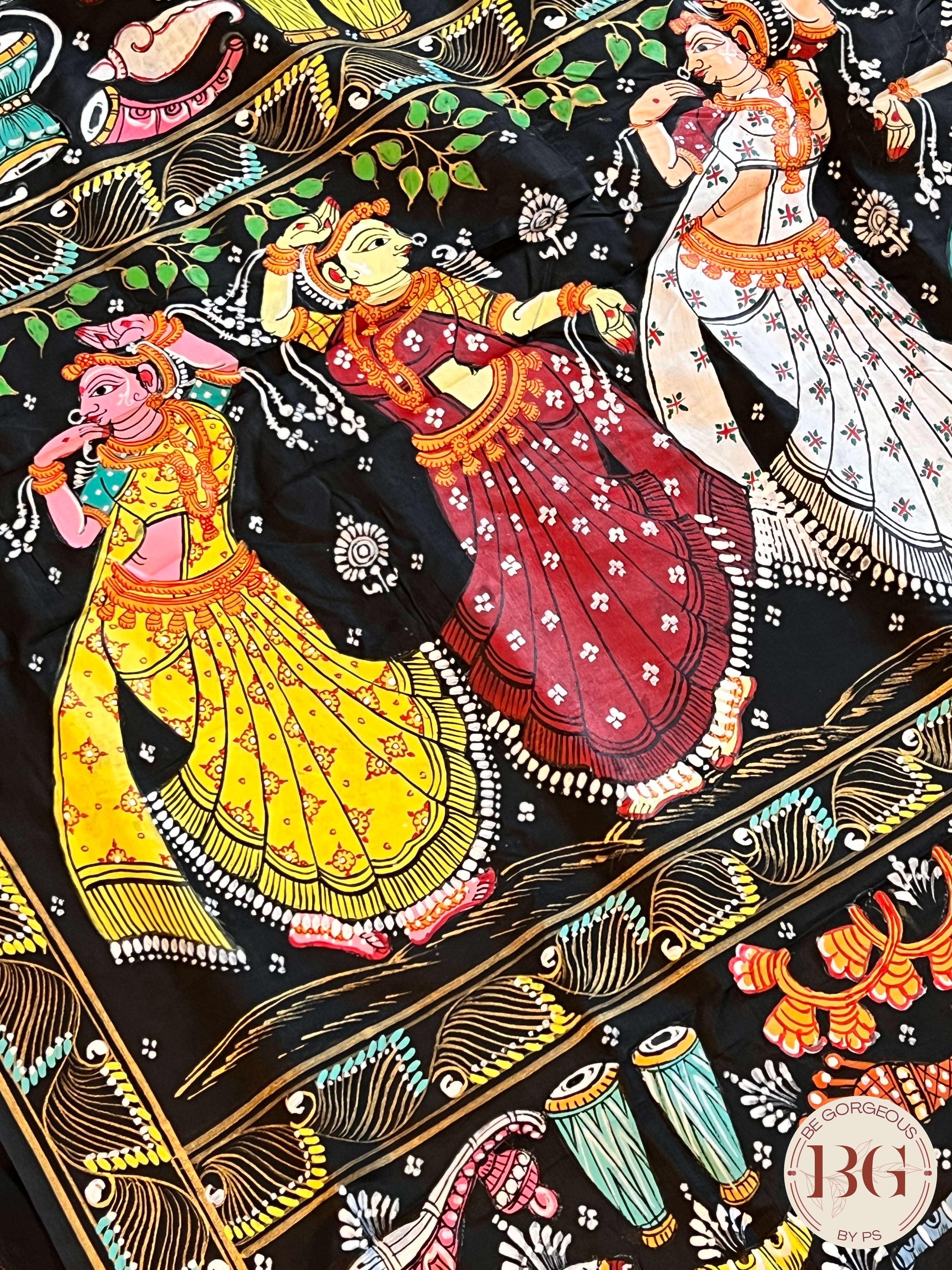 Dance theme pattachitra painting on pure silk saree color - black