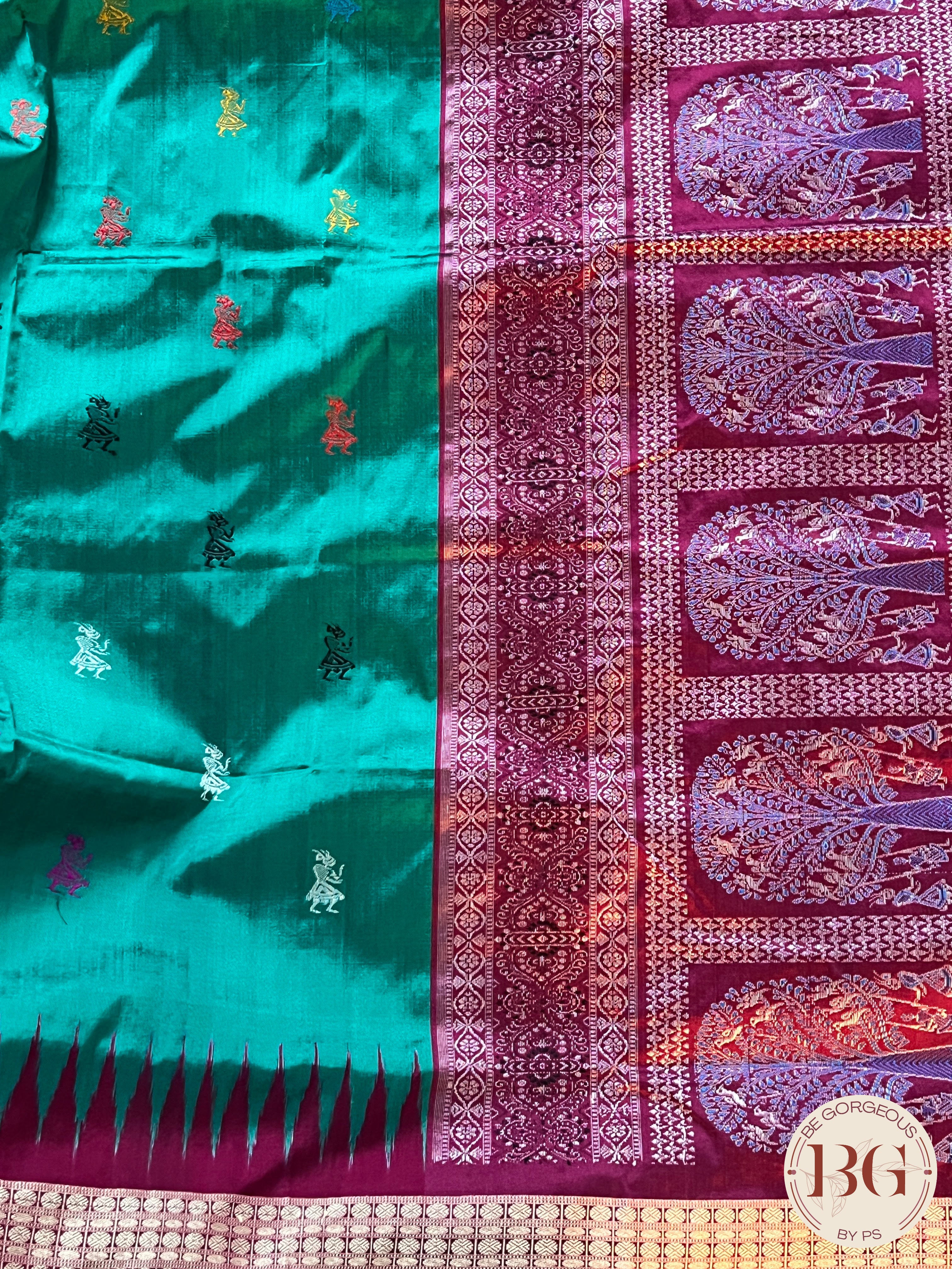 Bomkai silk Rajo doli handloom saree color - peacock green