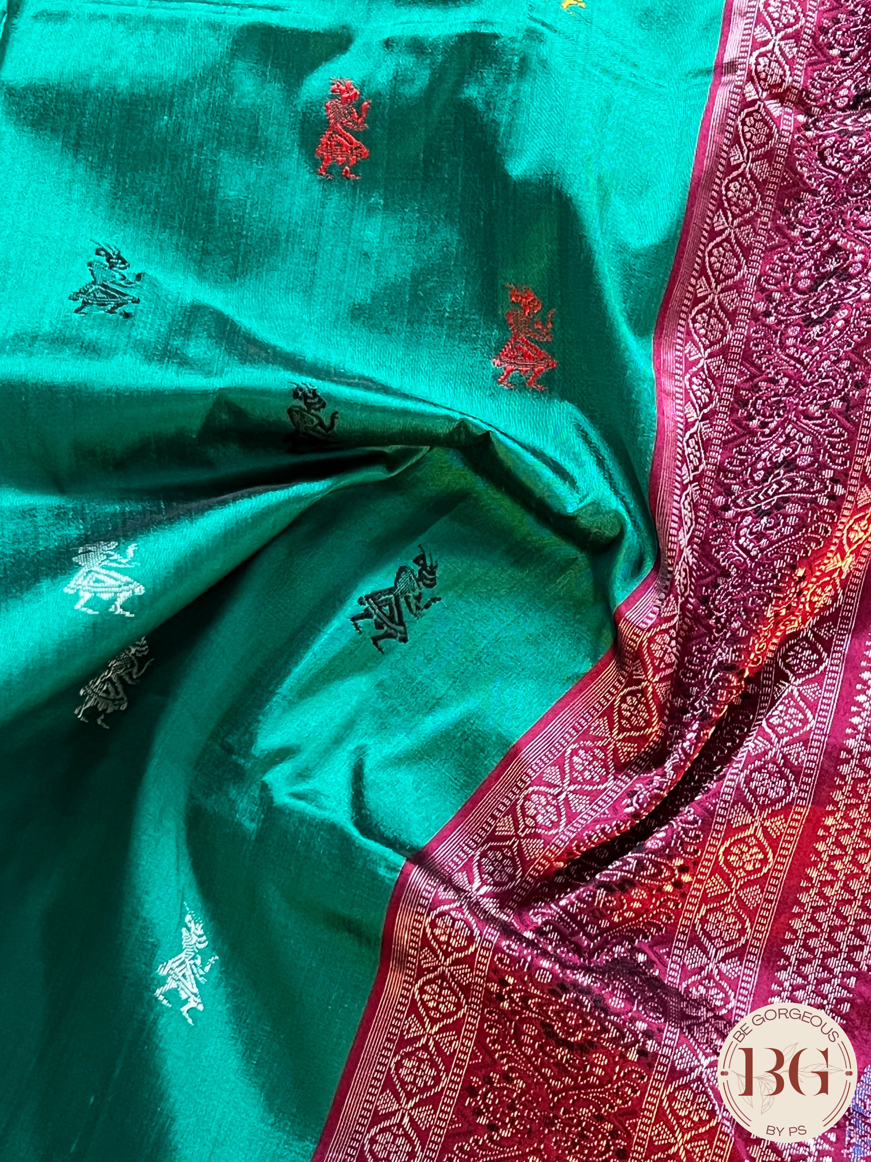 Cyan blue and black silk handloom bomkai saree – GoCoop