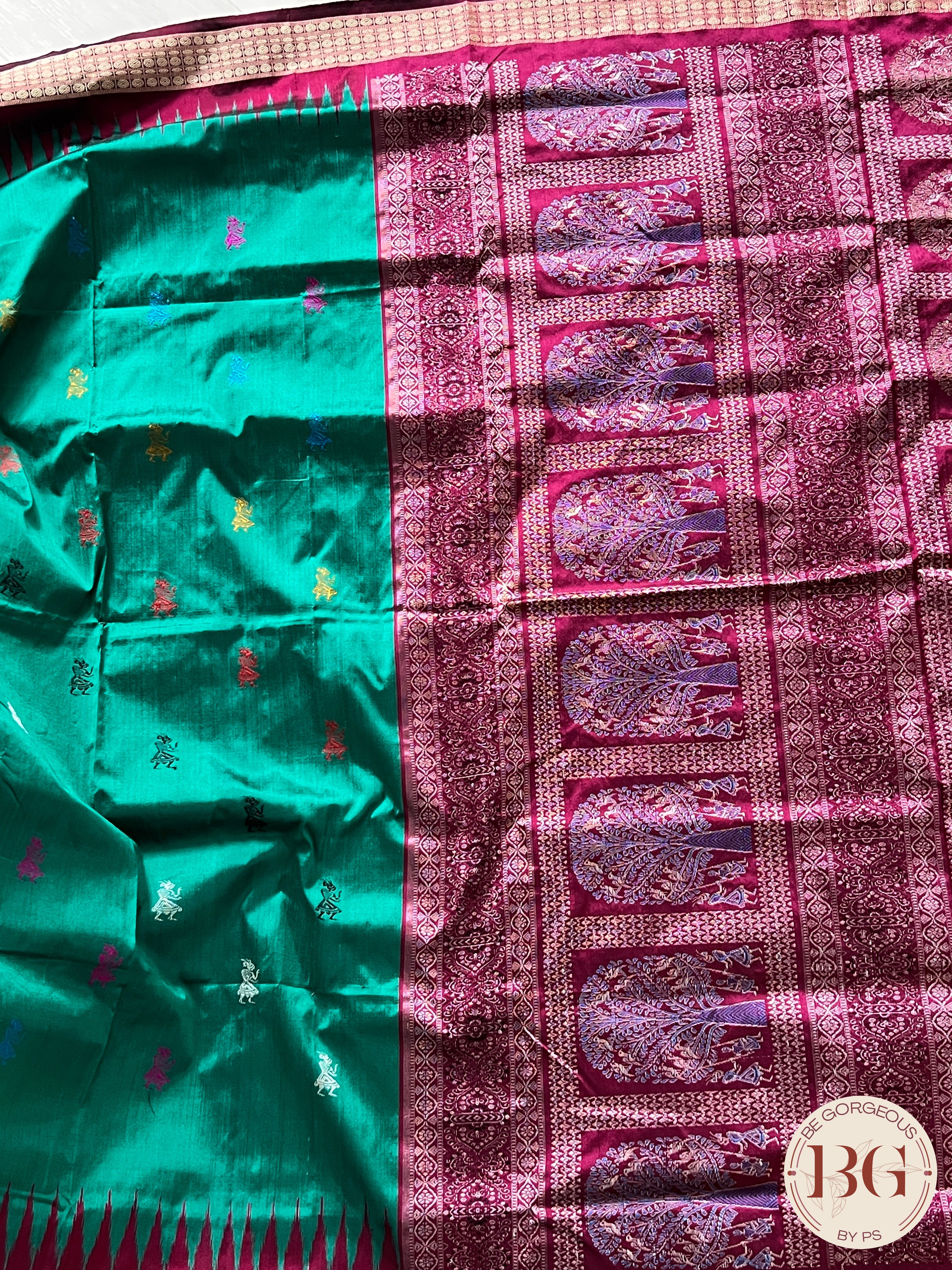 Bomkai silk Rajo doli handloom saree color - peacock green