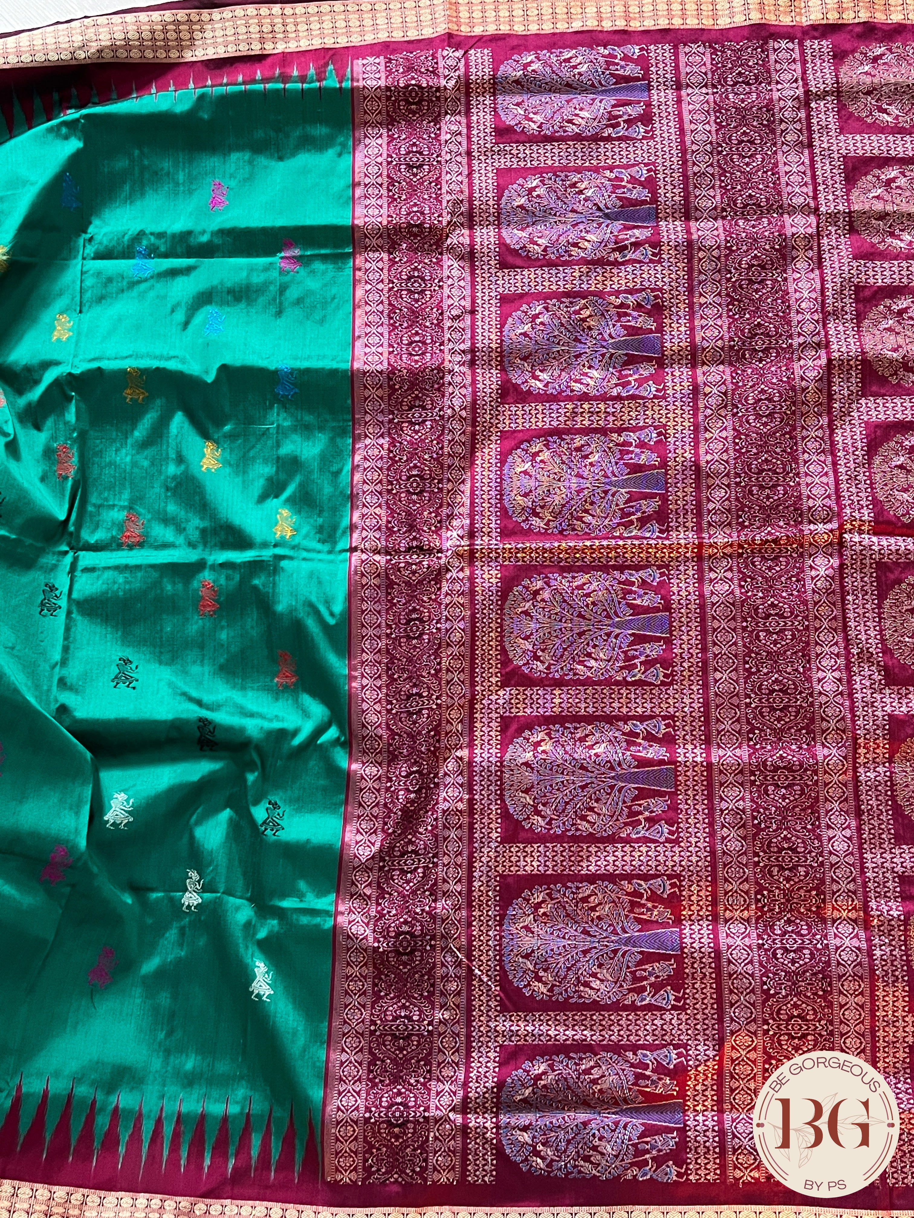 Bomkai silk Rajo doli handloom saree color - peacock green