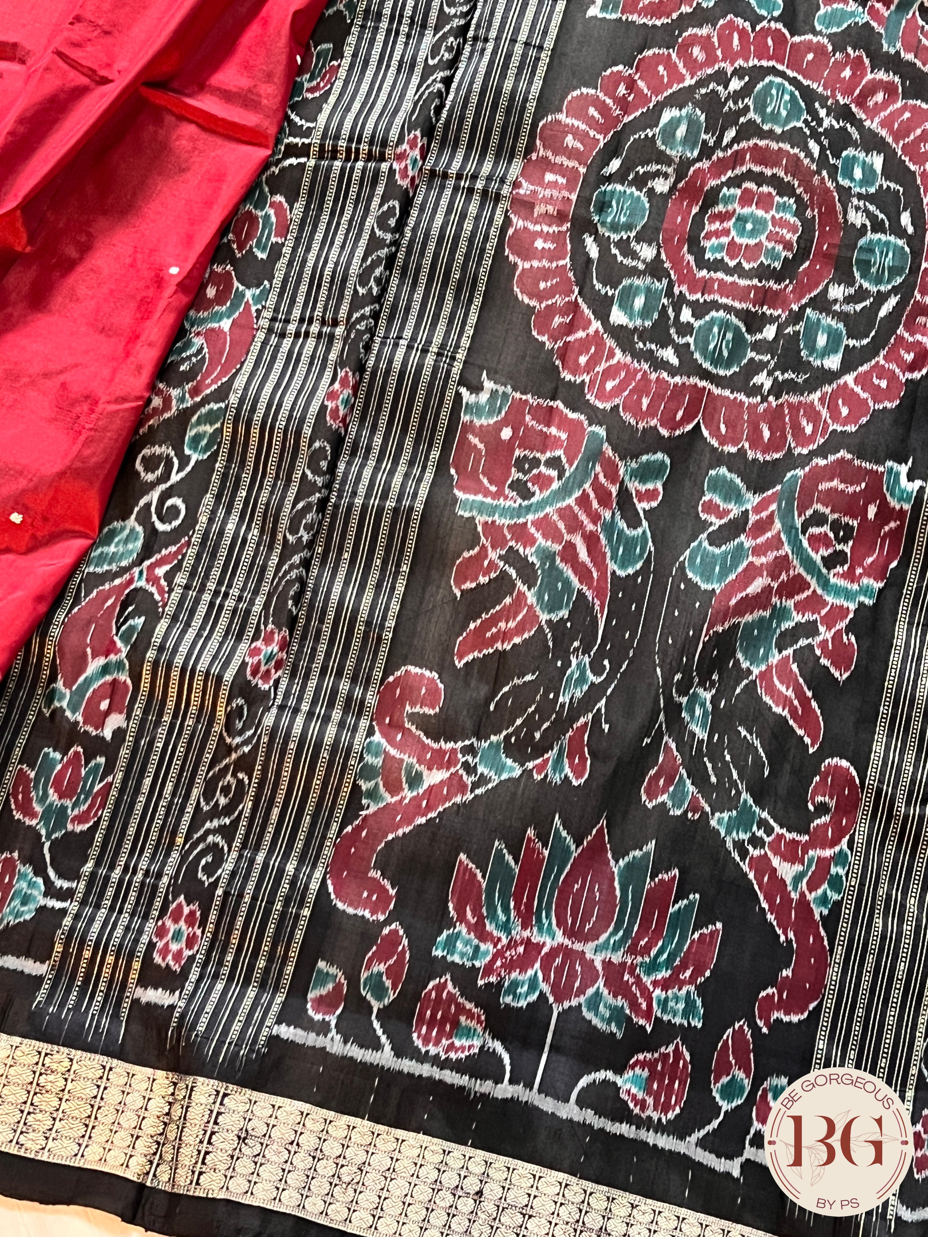 Sambalpuri silk big red black passapali design border saree color - red