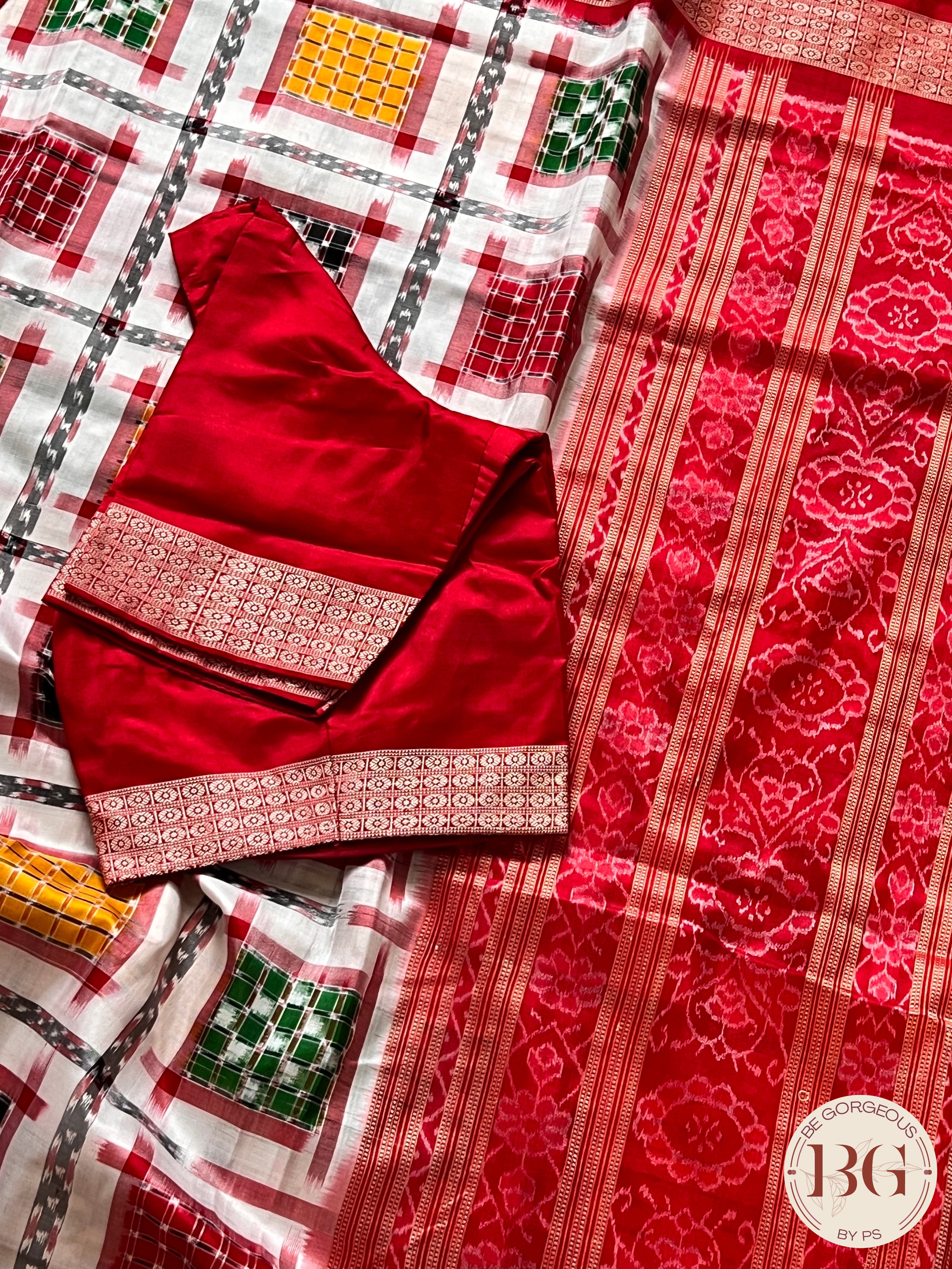 White Red Sambalpuri Bomkai Silk Saree with Nartaki Anchal – IndianVillèz