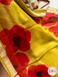 Organza with floral prints and zari border & Pallu saree color - green