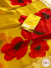 Organza with floral prints and zari border & Pallu saree color - green