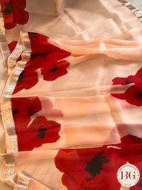 Organza with floral prints and zari border & Pallu saree color - peach