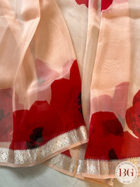 Organza with floral prints and zari border & Pallu saree color - peach