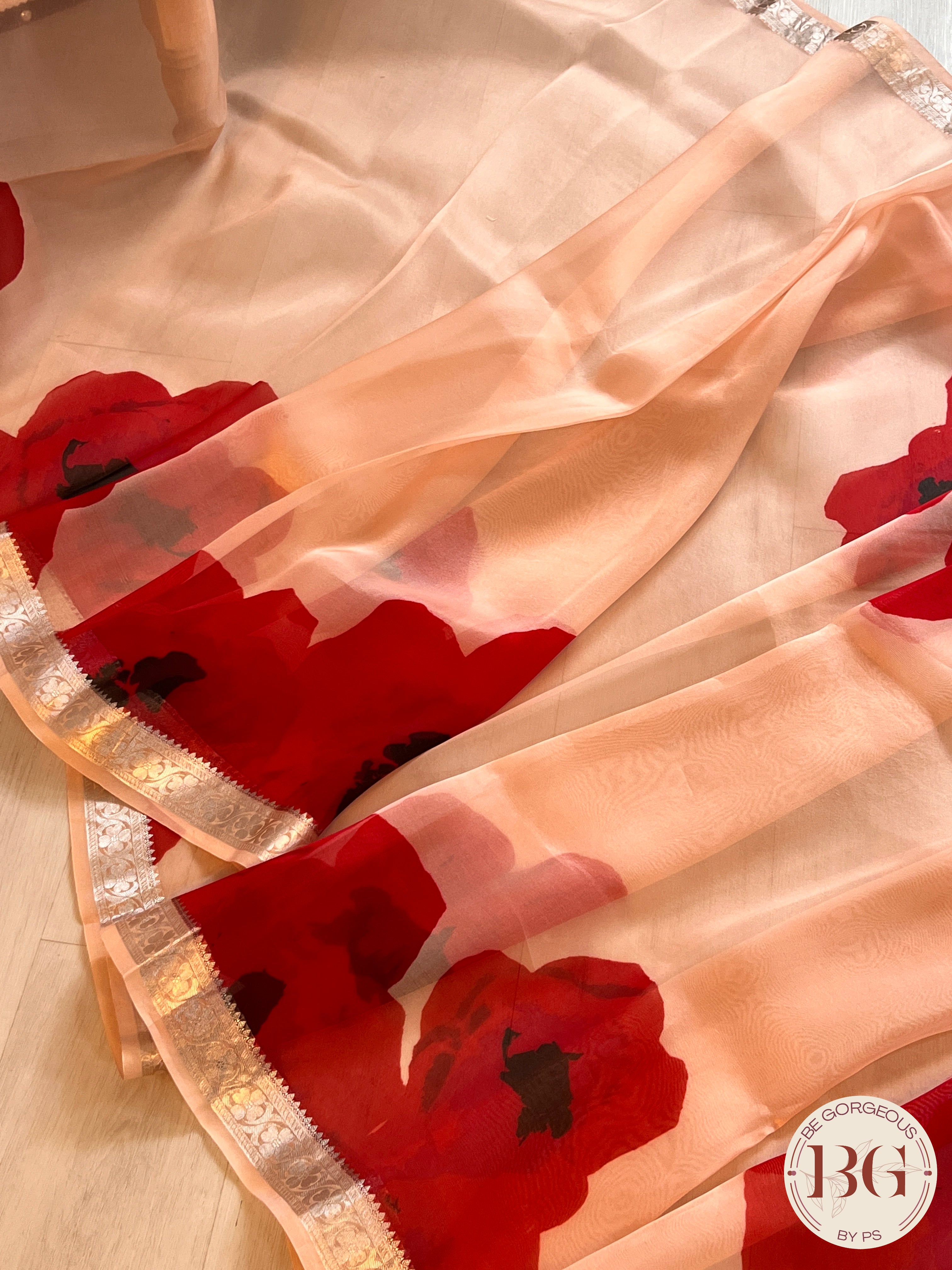 Organza with floral prints and zari border & Pallu saree color - peach