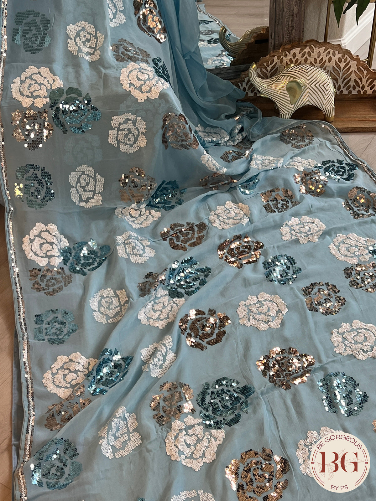 Organza Satin with sequence work saree color - blue