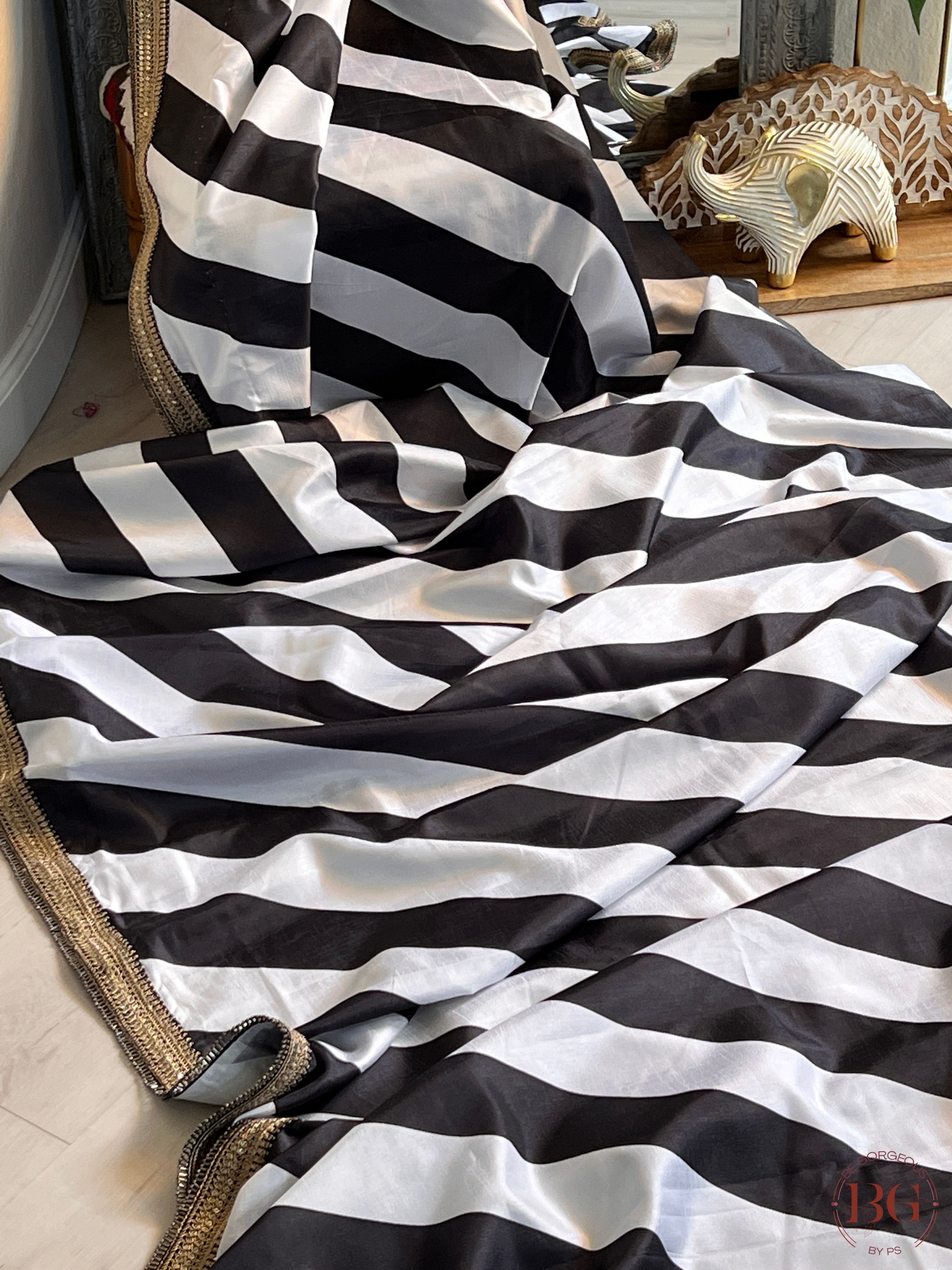 Satin black and white stripes saree with fully stitched blouse saree color - black