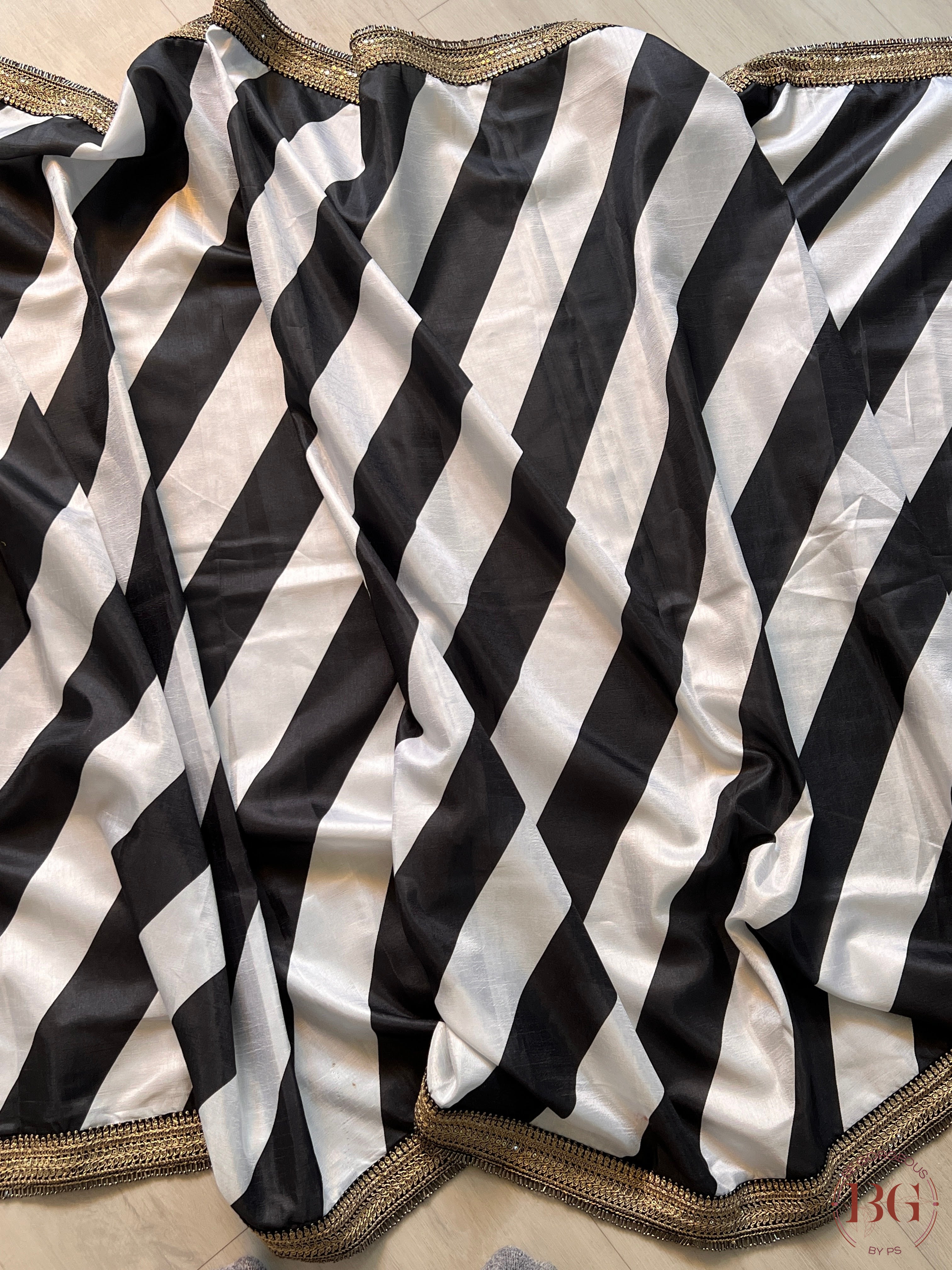 Satin black and white stripes saree with fully stitched blouse saree color - black