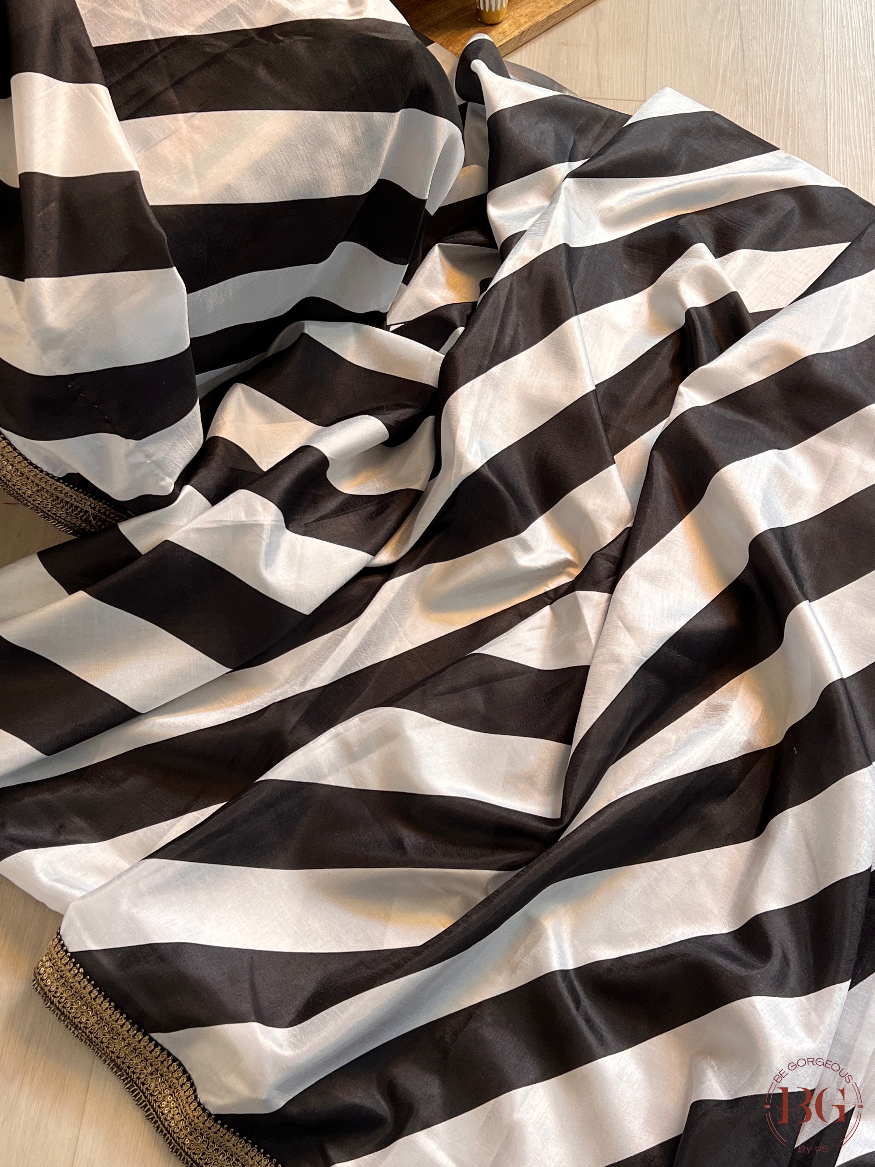 Satin black and white stripes saree with fully stitched blouse saree color - black