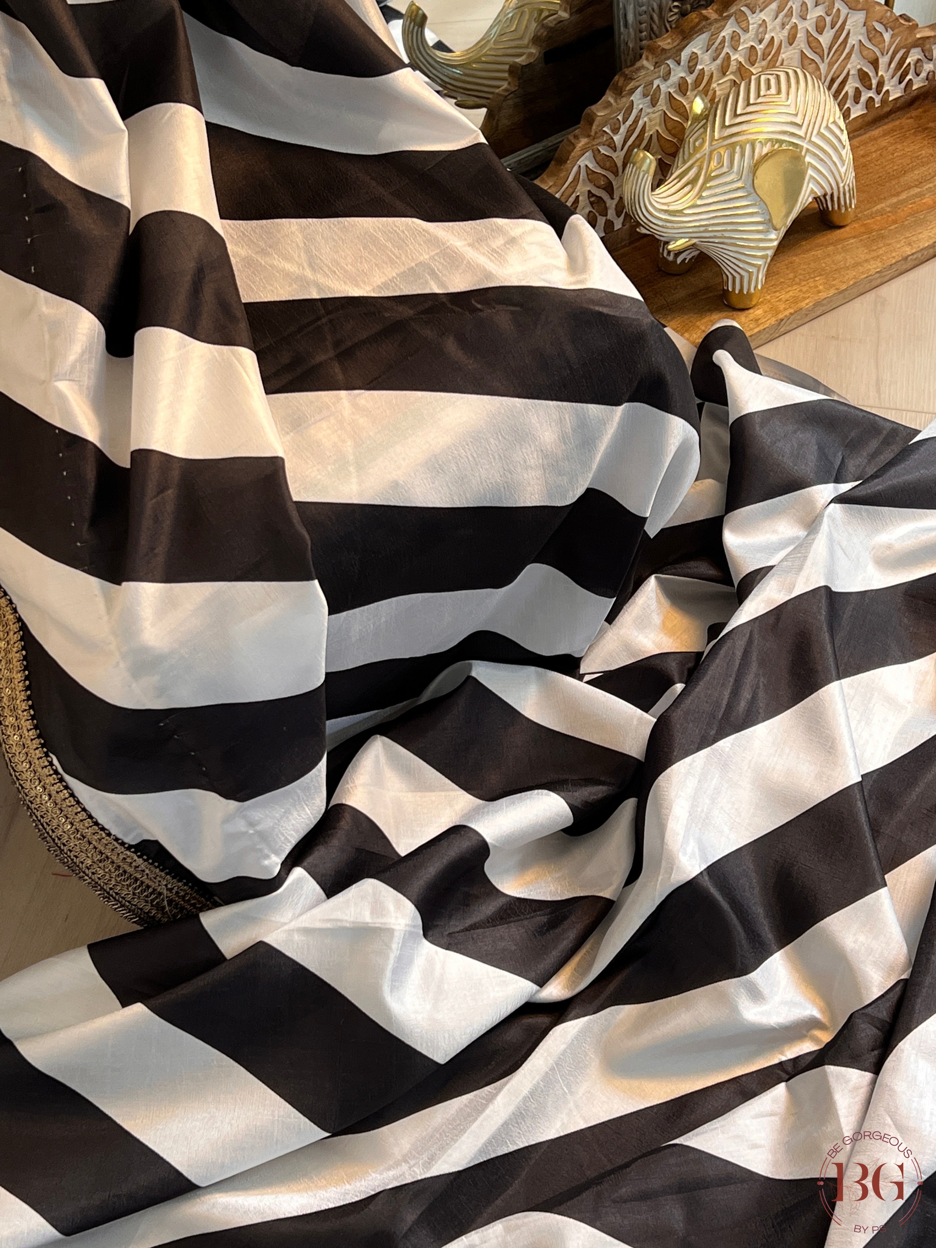 Satin black and white stripes saree with fully stitched blouse saree color - black