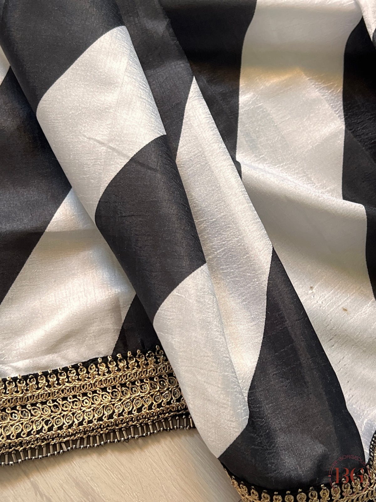 Satin black and white stripes saree with fully stitched blouse saree color - black